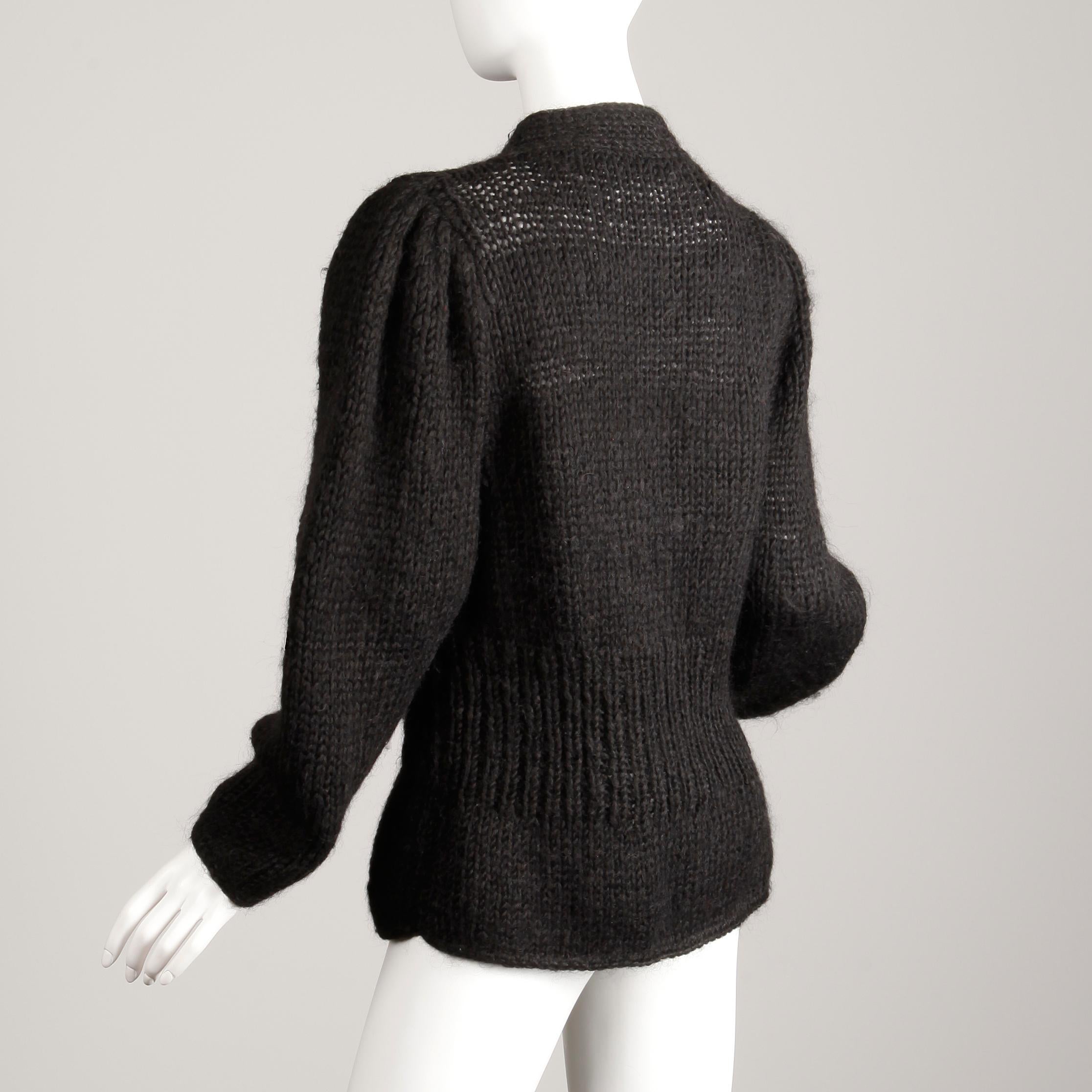 1980s I. Magnin Vintage Black Chunky Knit Wool Full Sleeve Cardigan Sweater 4