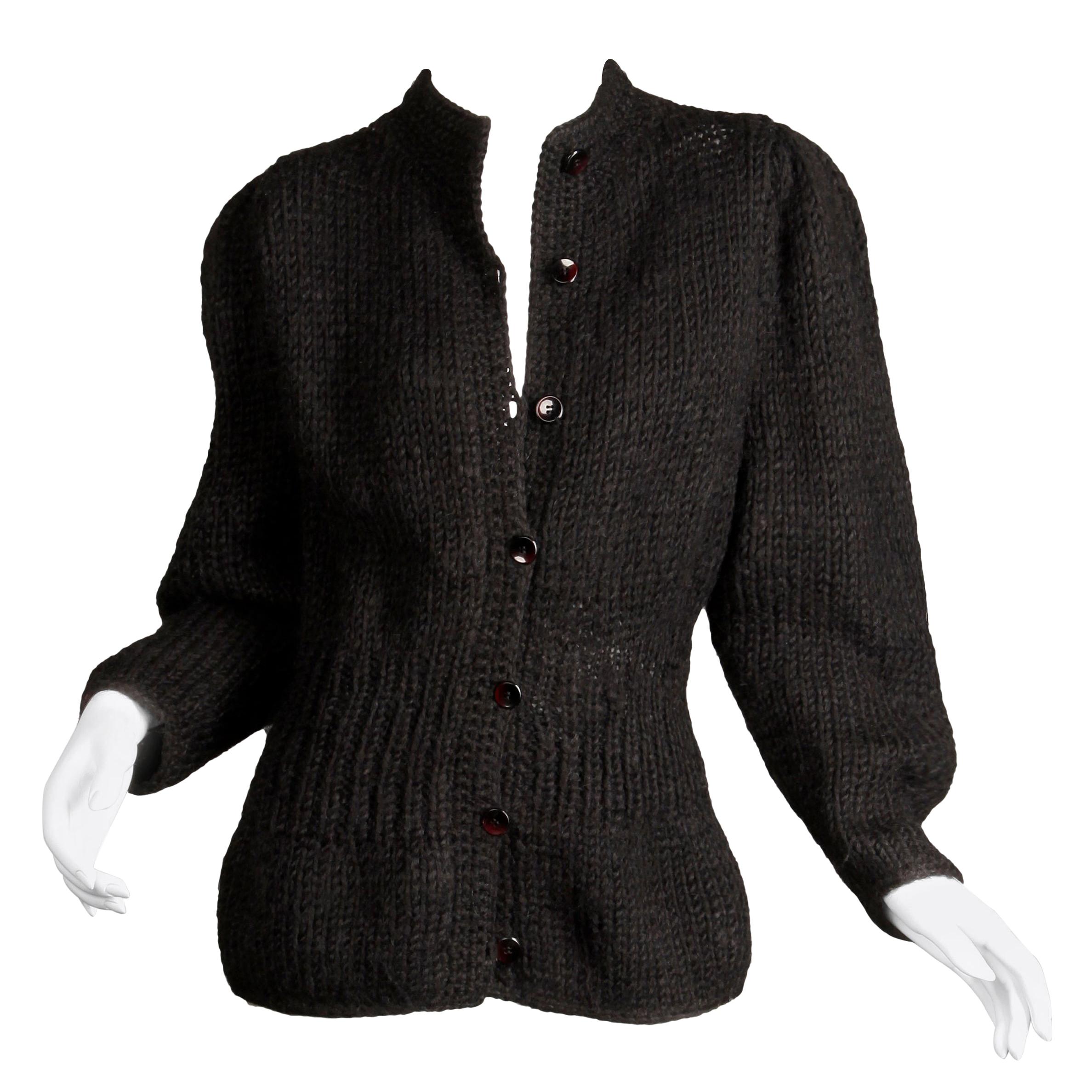 1980s I. Magnin Vintage Black Chunky Knit Wool Full Sleeve Cardigan Sweater