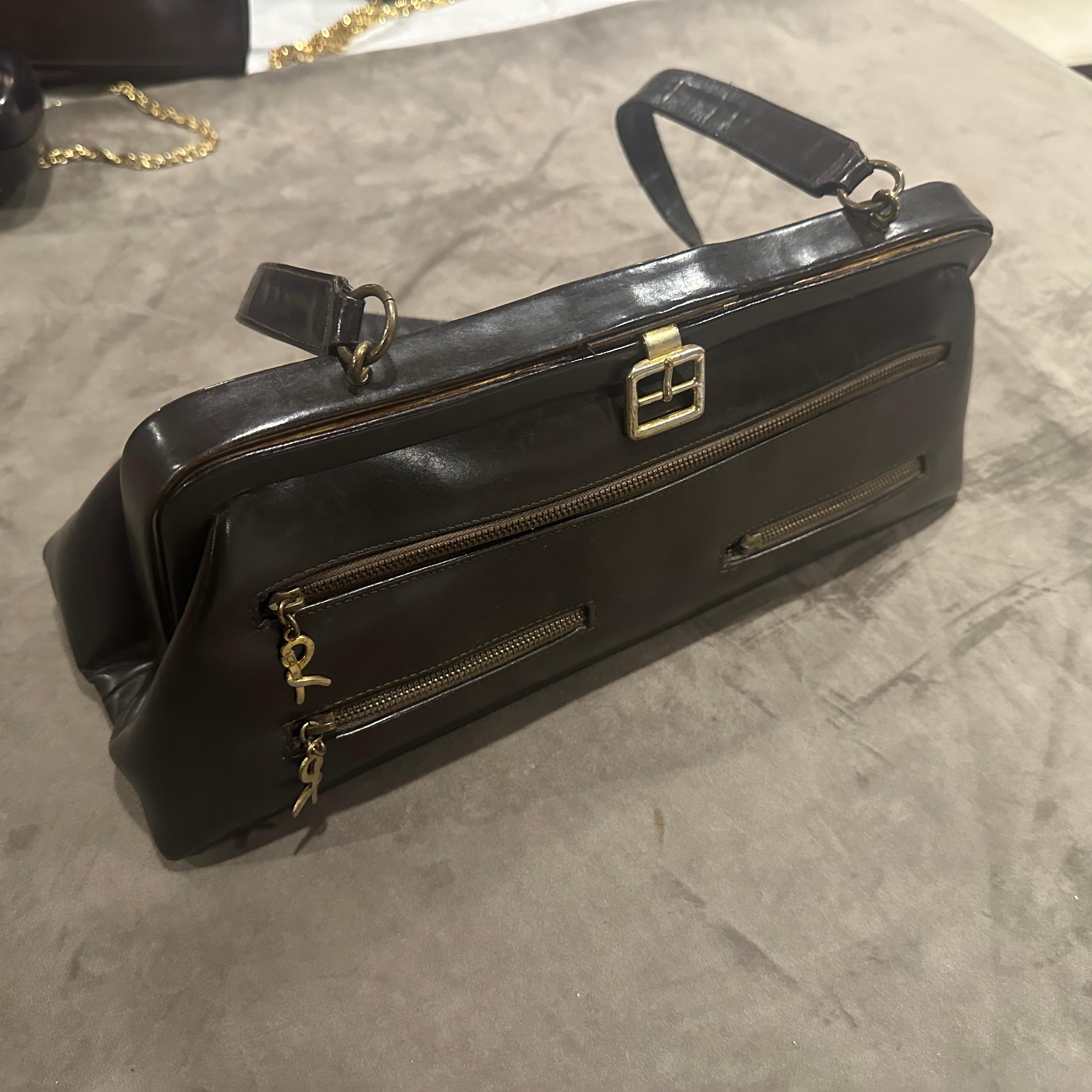 Nero Borsa a mano iconica degli anni '80 in pelle marrone e ottone di Roberta Di Camerino in vendita