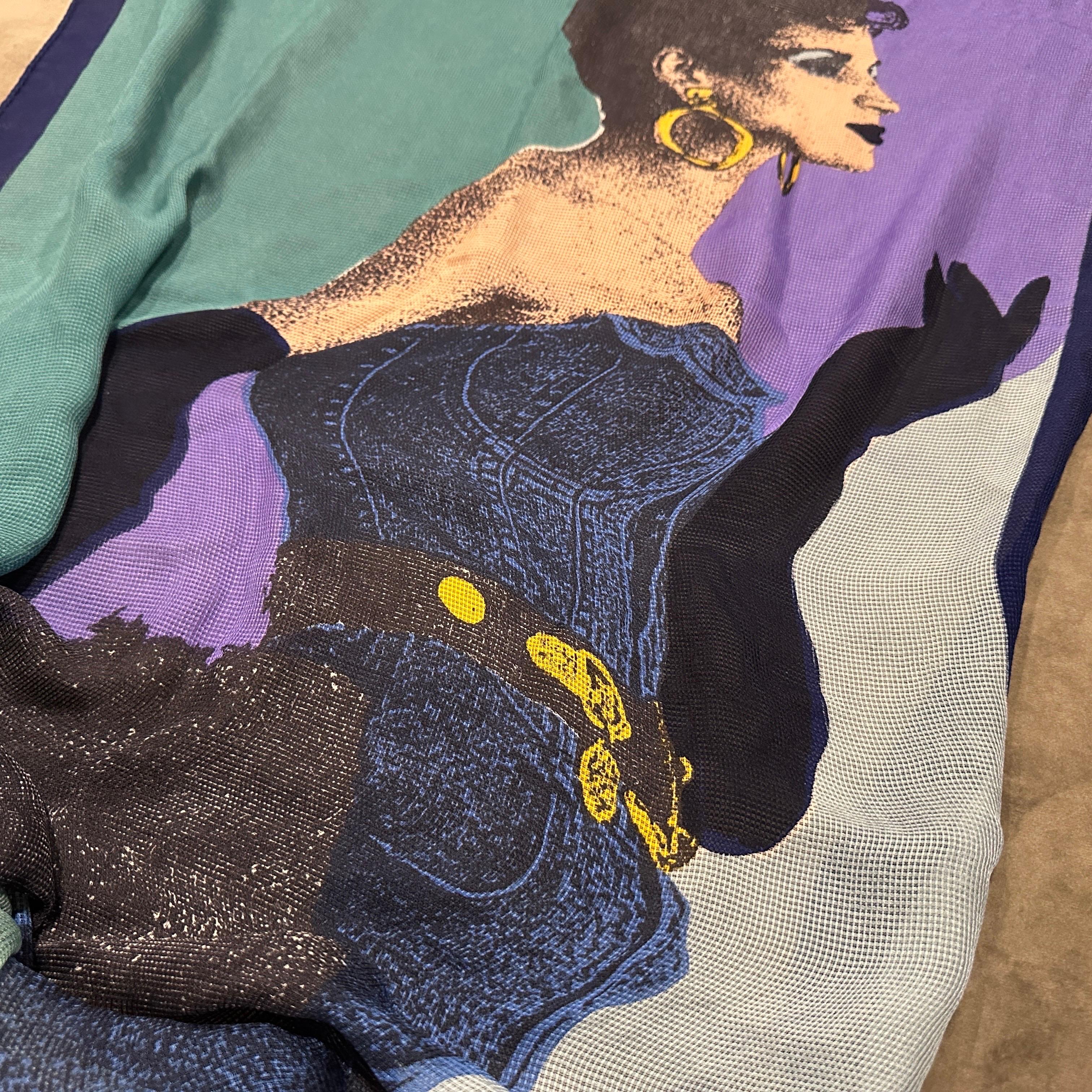 1980s Iconic illustrated Scarf by Franco Moschino For Sale 6