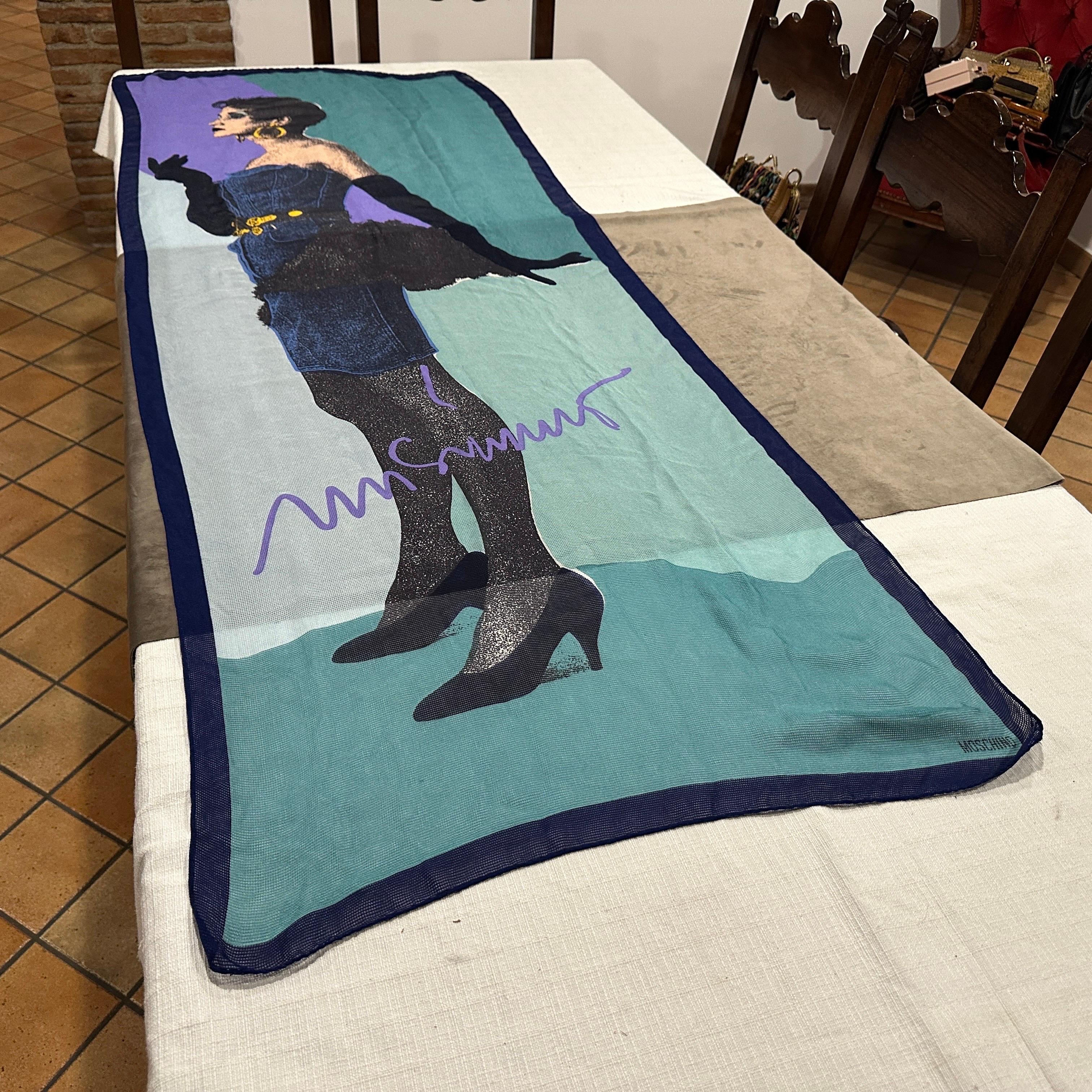 1980s Iconic illustrated Scarf by Franco Moschino In Excellent Condition For Sale In Aci Castello, IT