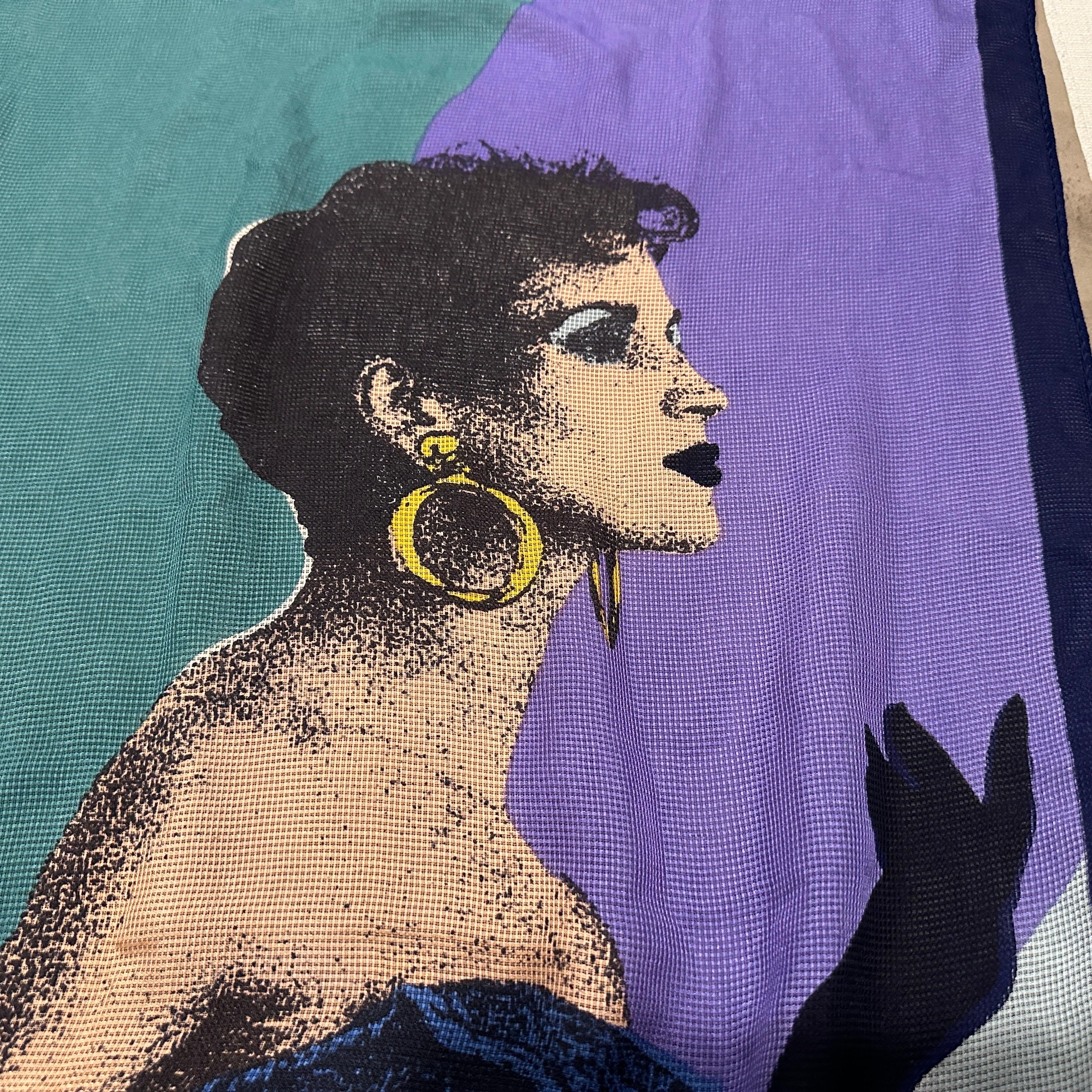 1980s Iconic illustrated Scarf by Franco Moschino For Sale 3