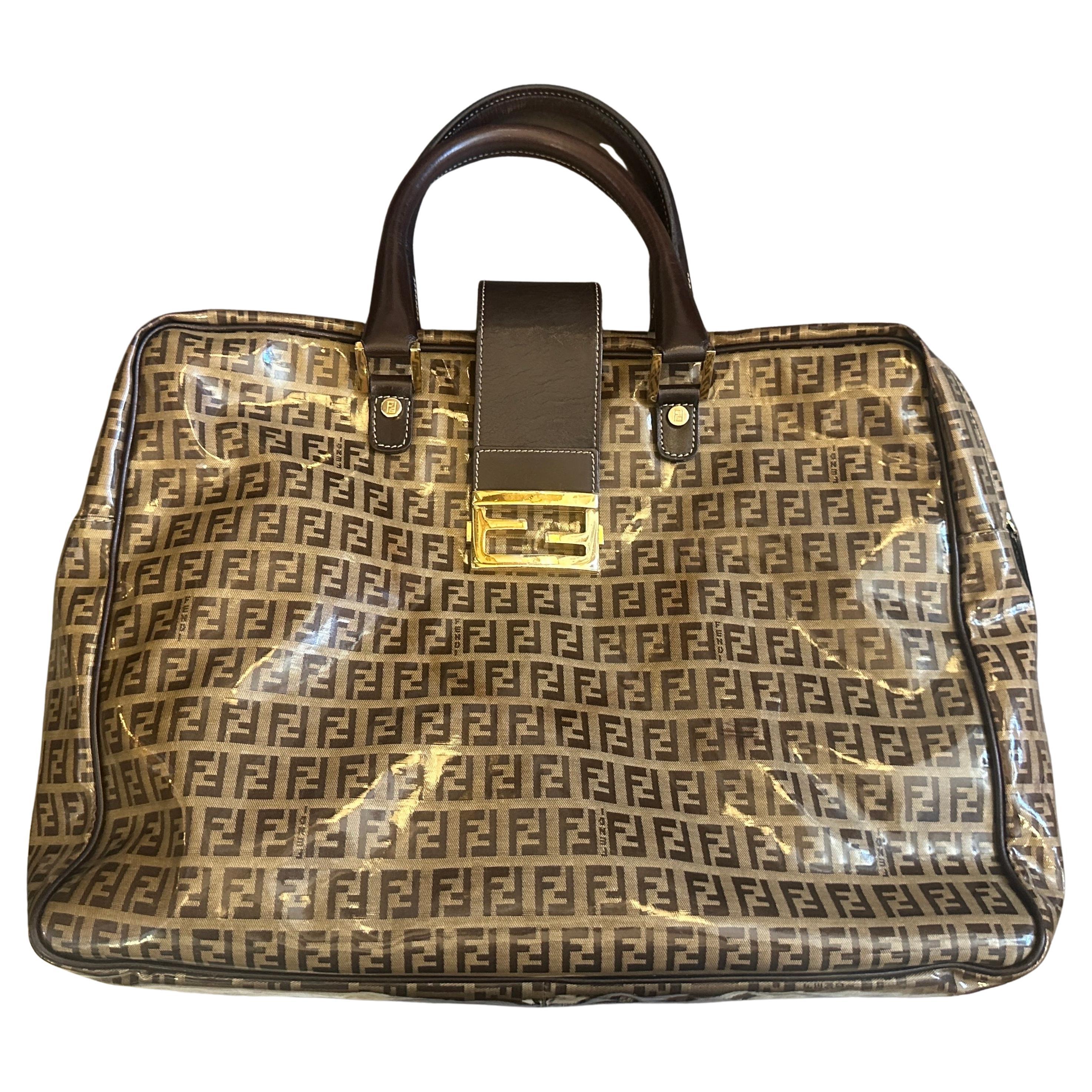 1980s Iconic Plastic and Leather Continuous Logo Large Top Handle Bag by Fendi