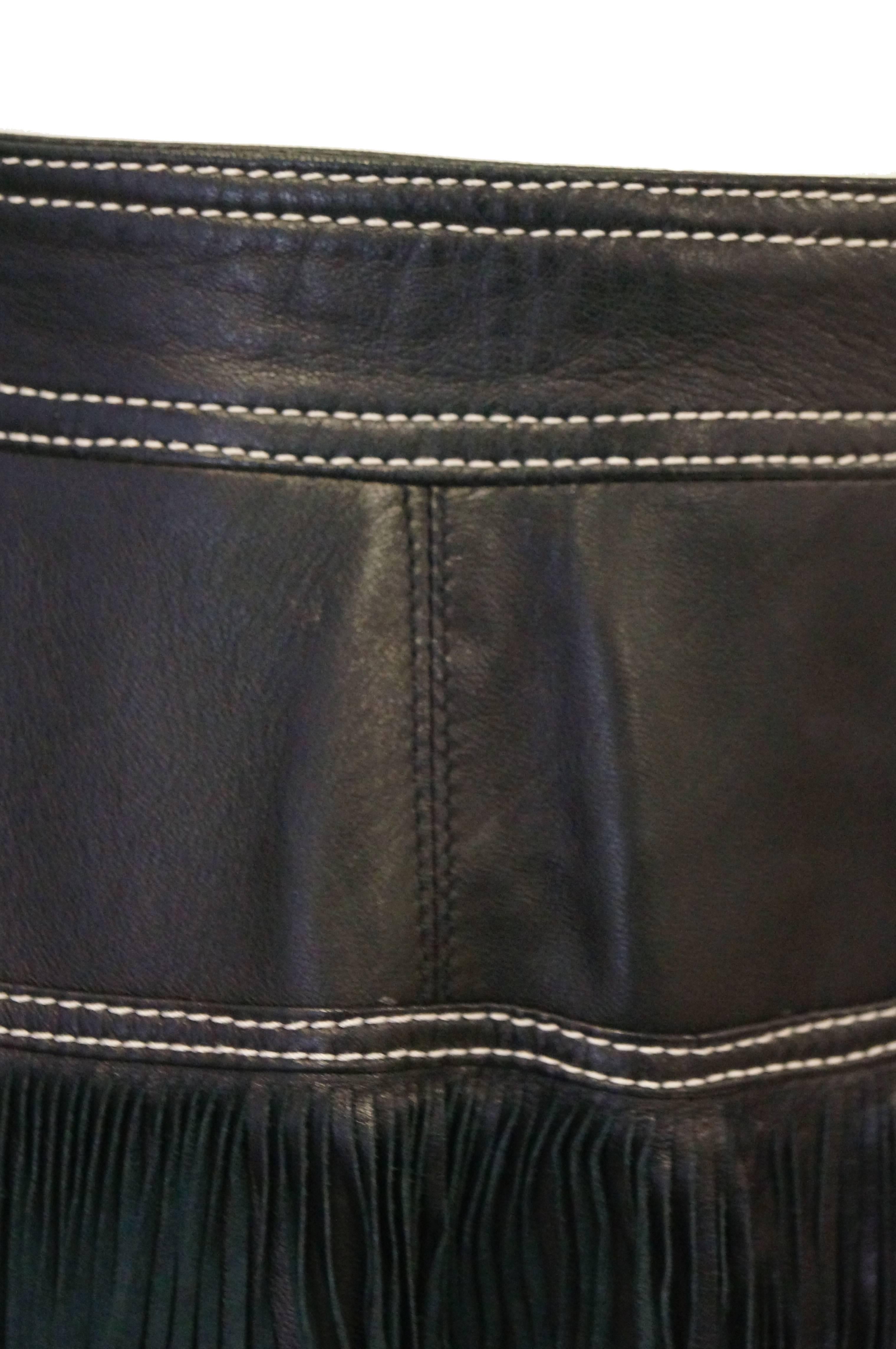 Black Versace Leather Fringe Midi Skirt, 1980s 
