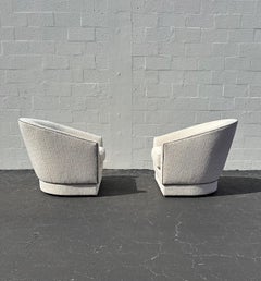 1980s Milo Baughman Barrel Swivel Cream Beige Chenille Castors Chairs, Set of 2