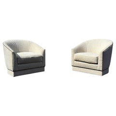 Vintage 1980s Milo Baughman Barrel Swivel Cream Beige Chenille Castors Chairs, Set of 2