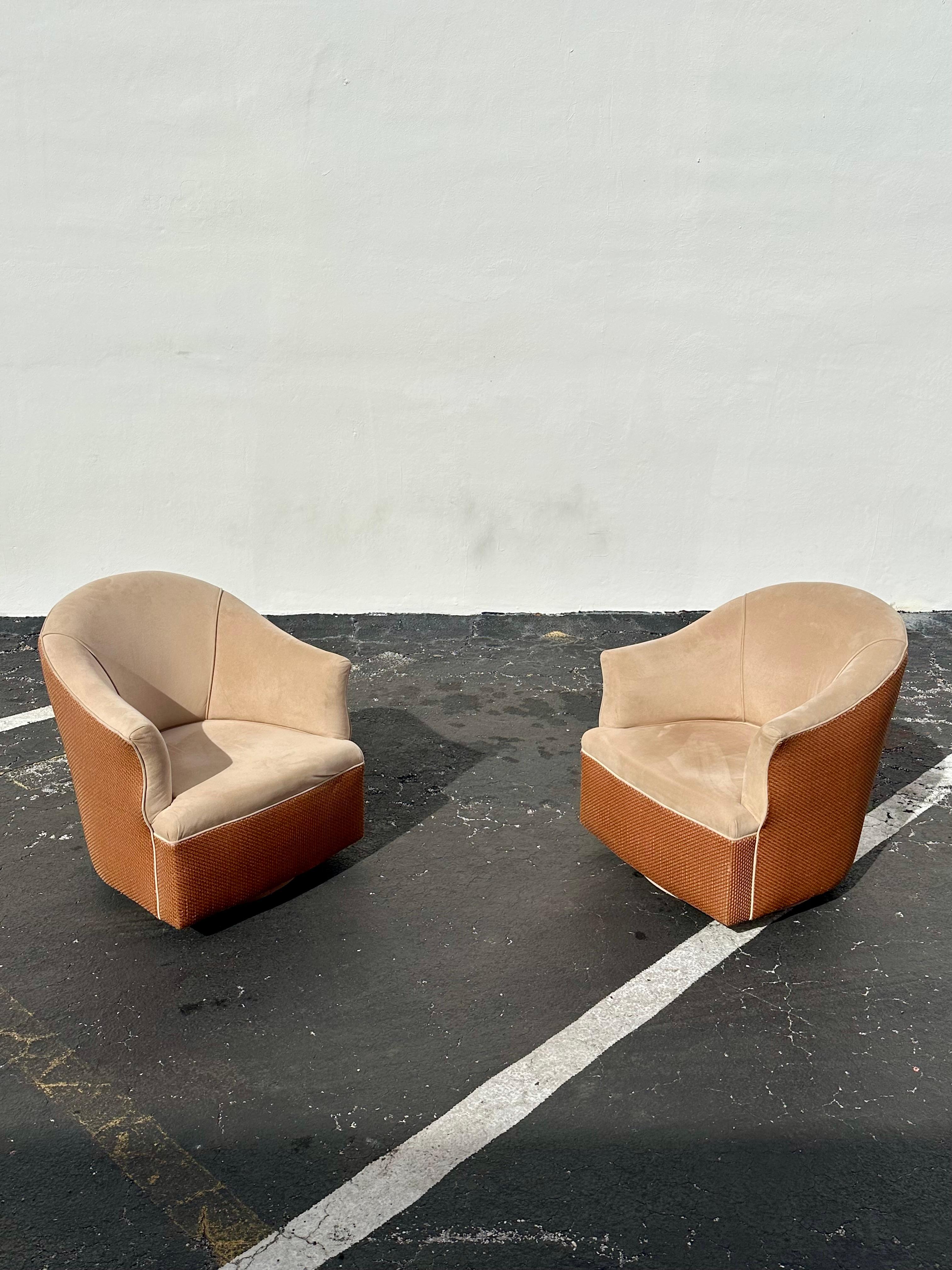 Transport yourself back to the sleek and sophisticated 1980s with this exquisite sculptural swivel chairs. The ultra rare chairs exudes an air of luxury and refinement. Outstanding design is exhibited throughout. The luxurious swivel chair is