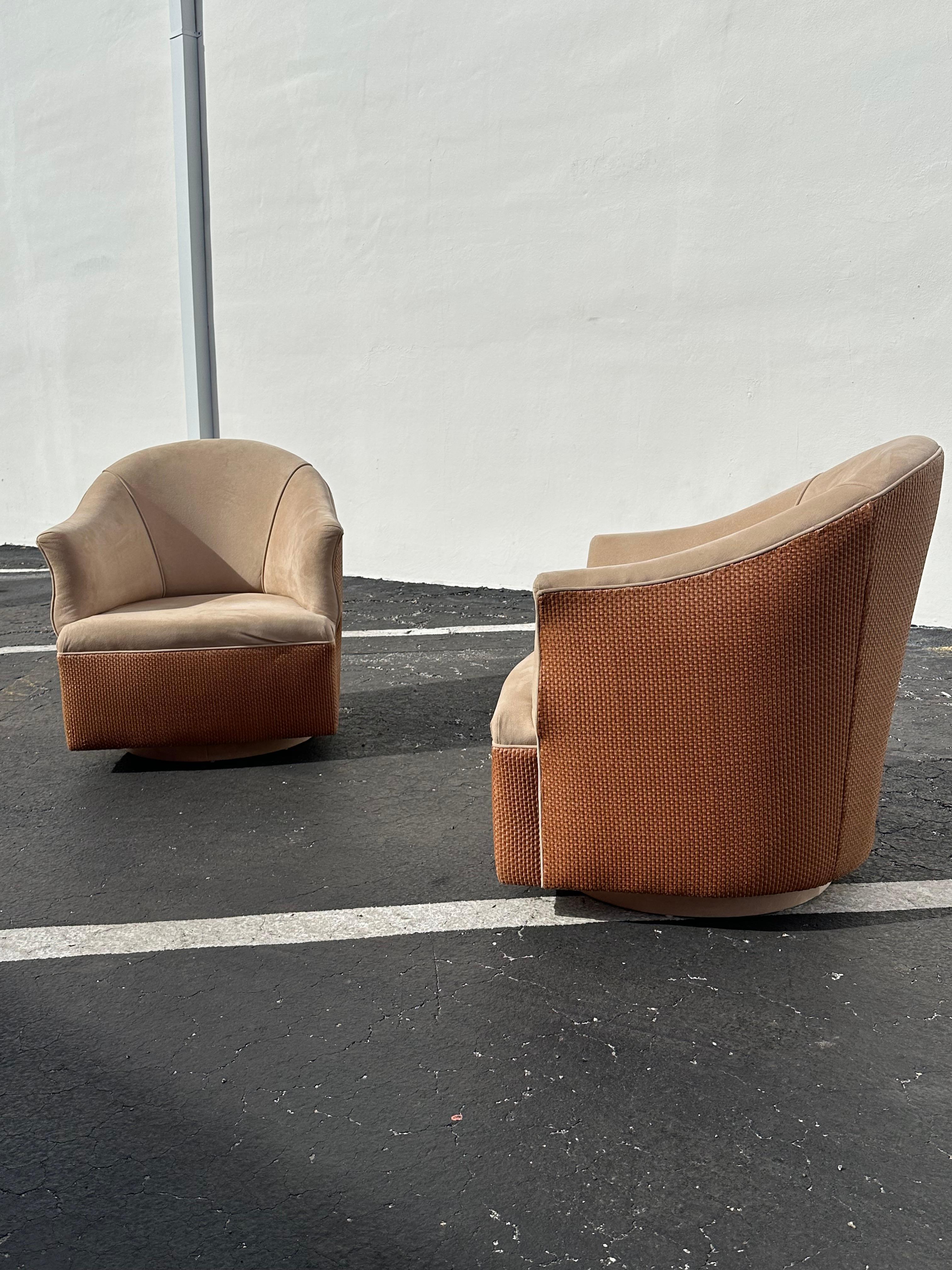 American 1980s Immaculate Milo Baughman Woven Leather Jute Rope Swivel Chairs, Set of 2