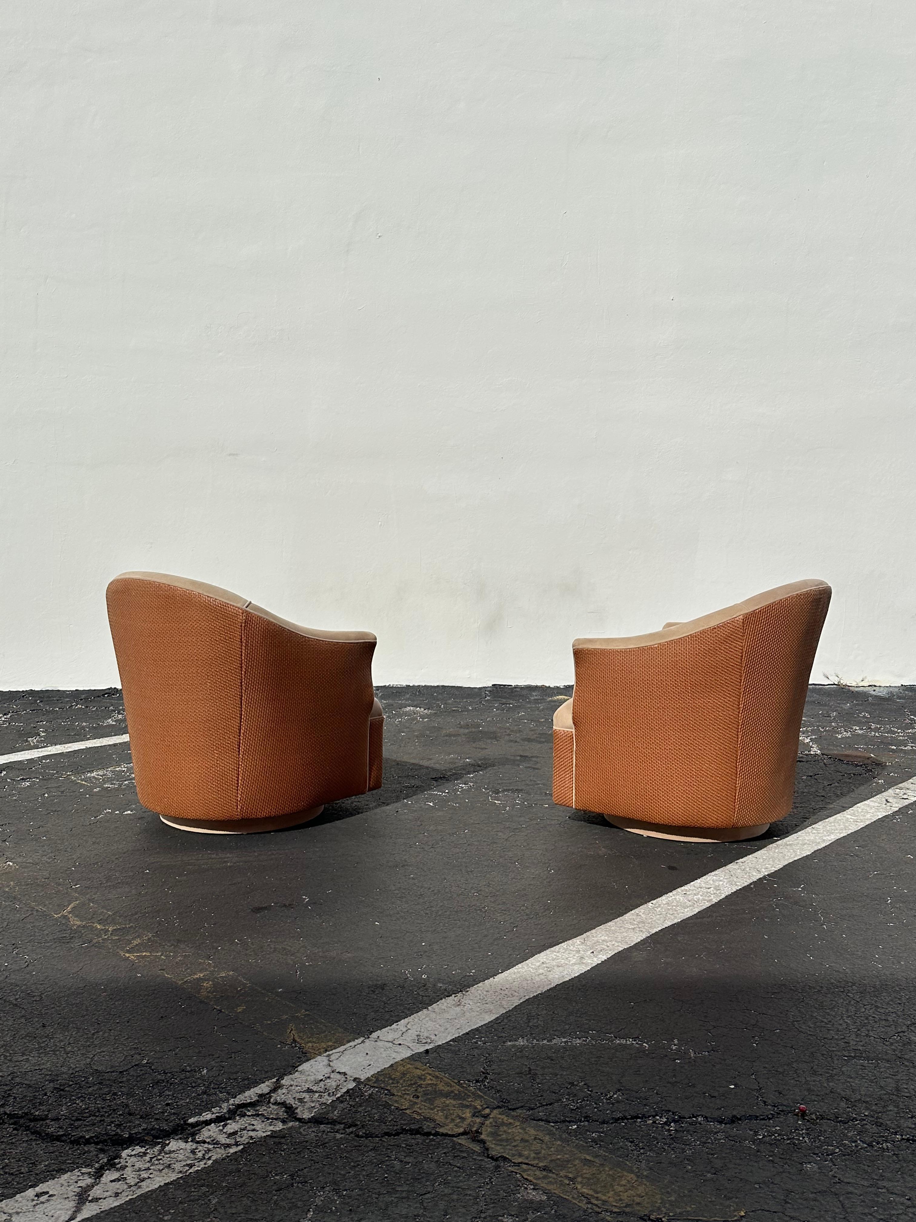 Late 20th Century 1980s Immaculate Milo Baughman Woven Leather Jute Rope Swivel Chairs, Set of 2