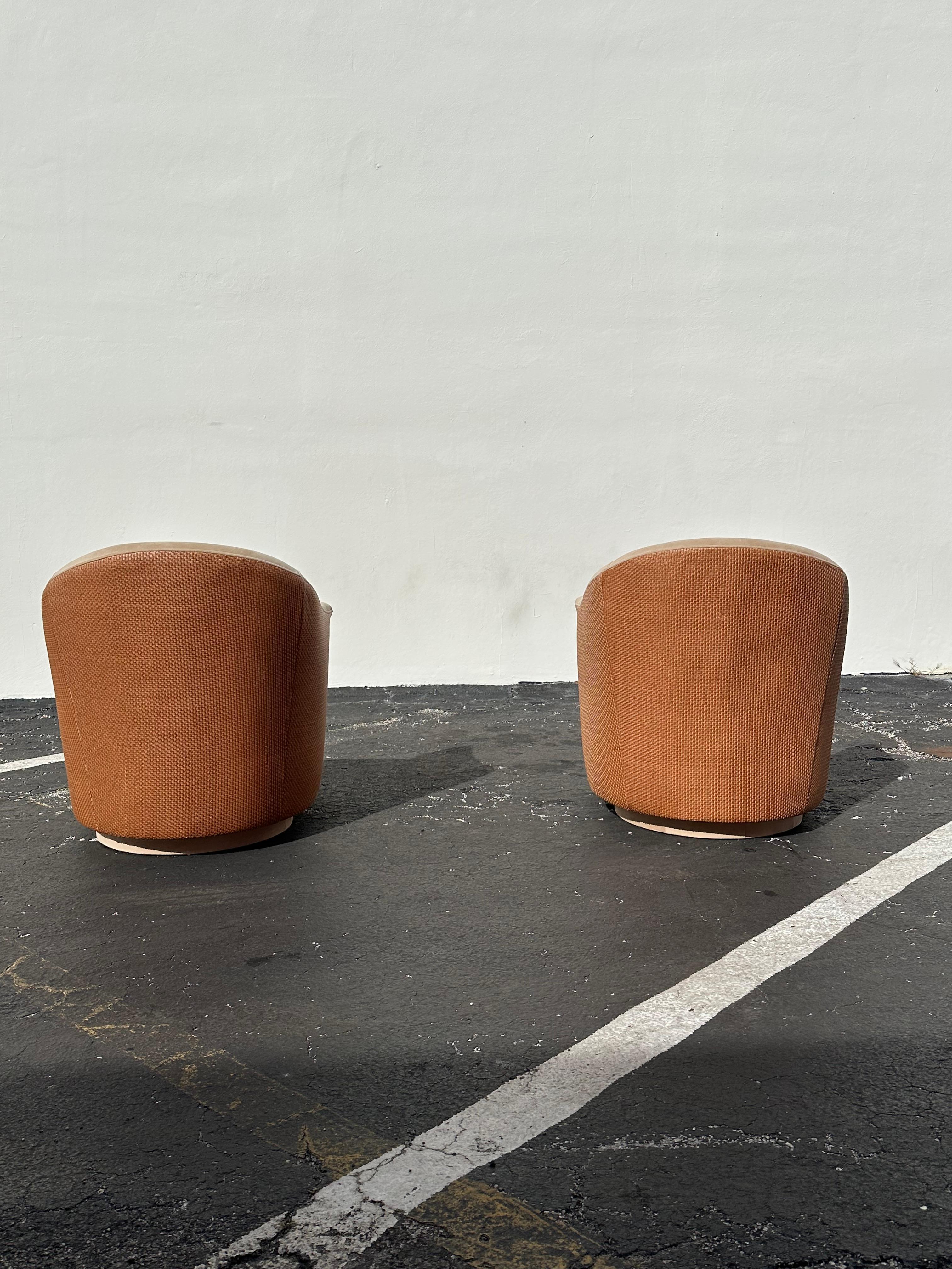 1980s Immaculate Milo Baughman Woven Leather Jute Rope Swivel Chairs, Set of 2 1