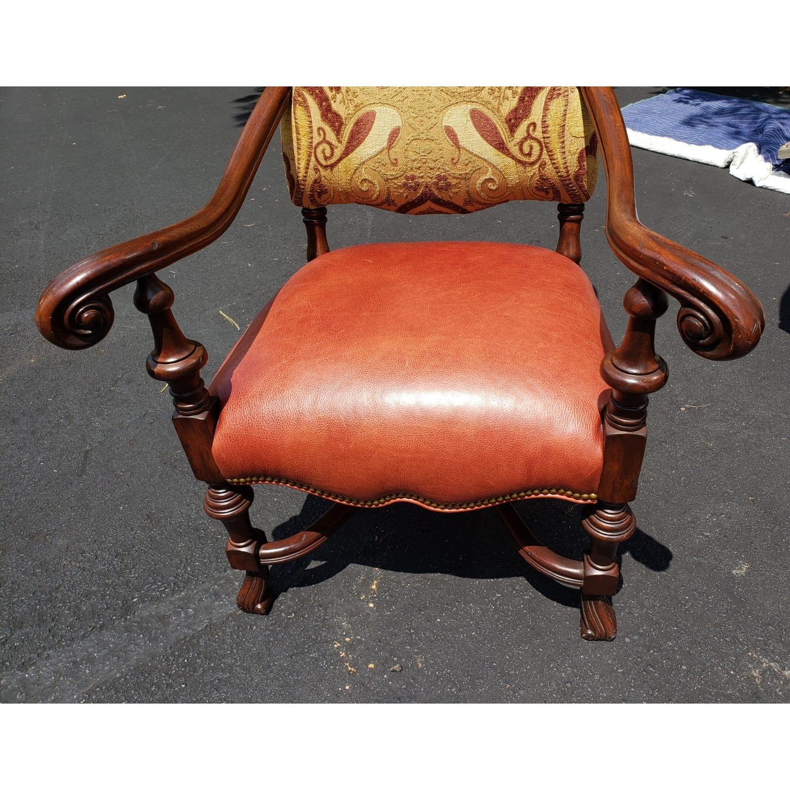 Oversized Amazing Louis XIII Imperial style chair with full grain leather seat and custom fabric upholstery. Beautiful nail trim.
High Back 53