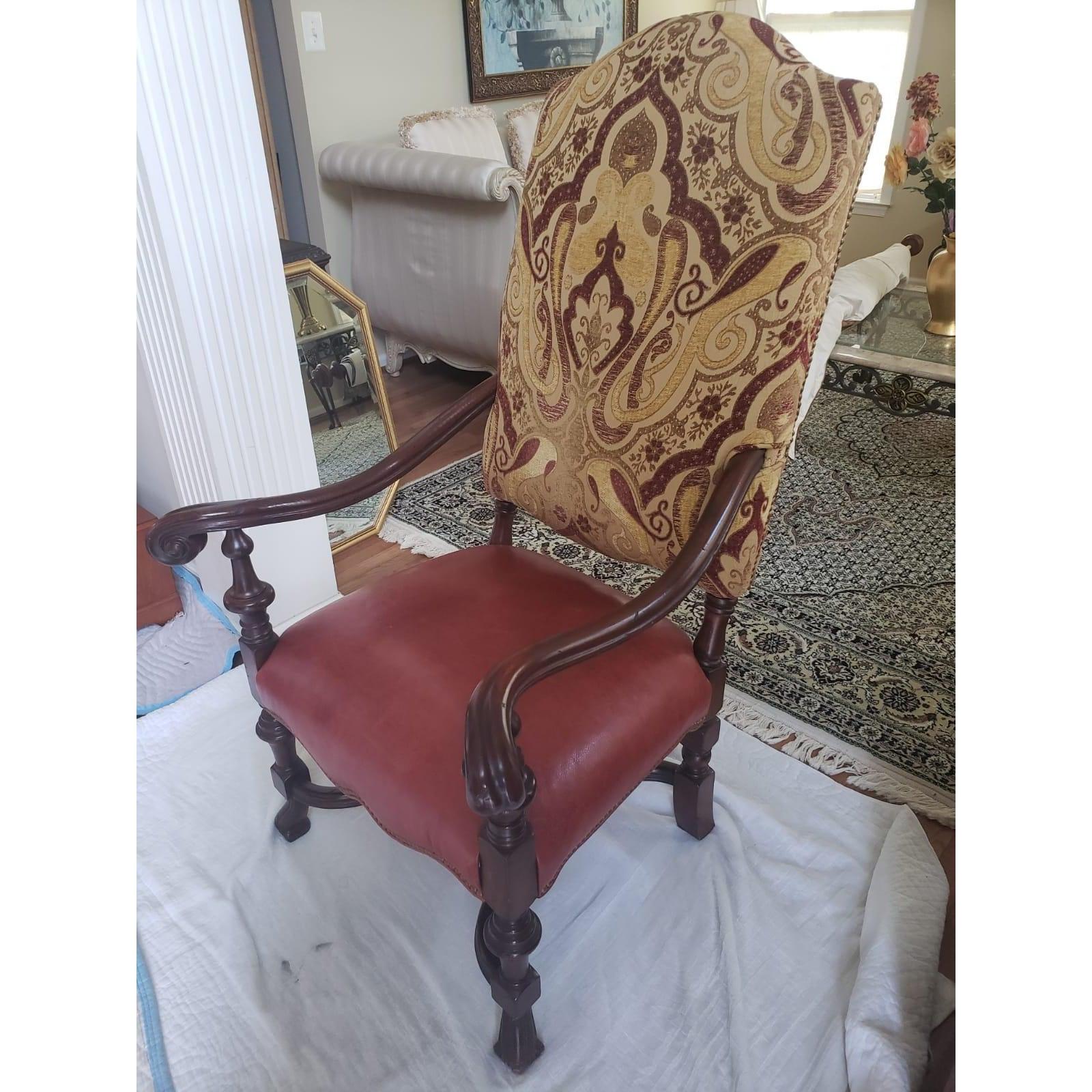 Hand-Crafted 1980s Imperial French Louis XIII Leather and Upholstery High Back Chair For Sale
