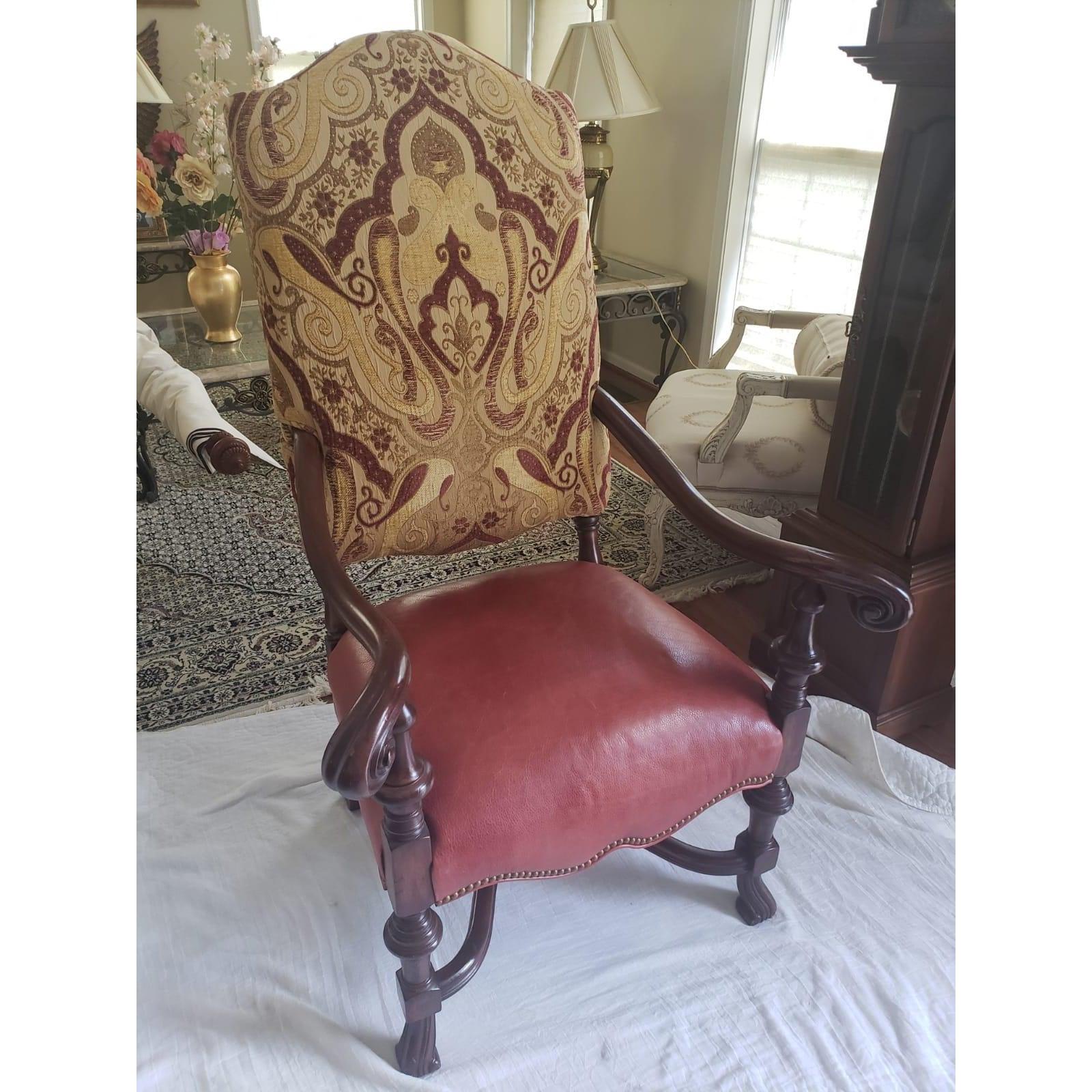 1980s Imperial French Louis XIII Leather and Upholstery High Back Chair In Good Condition For Sale In Germantown, MD