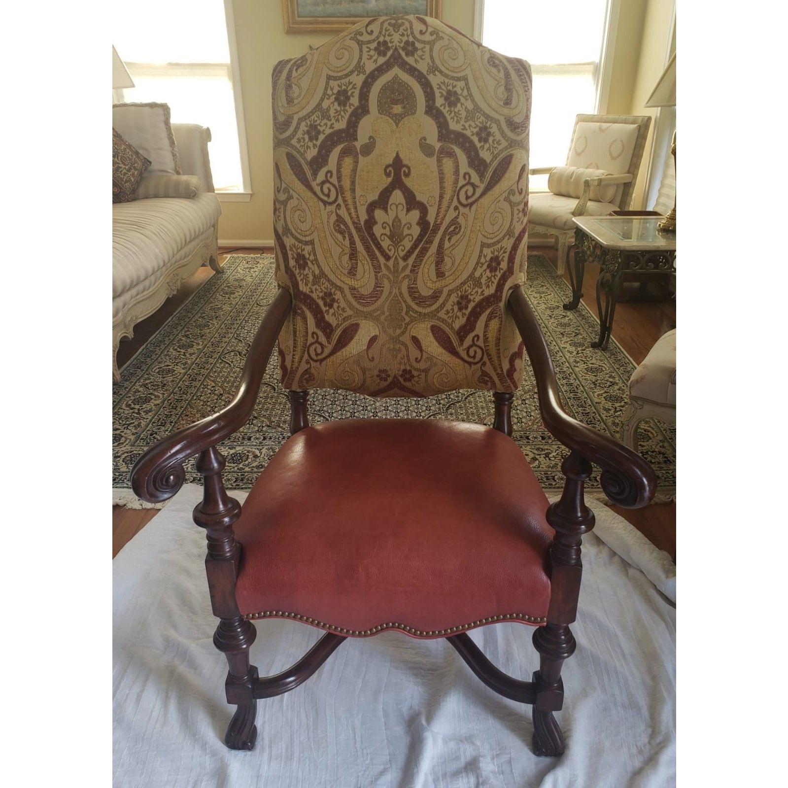 1980s Imperial French Louis XIII Leather and Upholstery High Back Chair For Sale 1