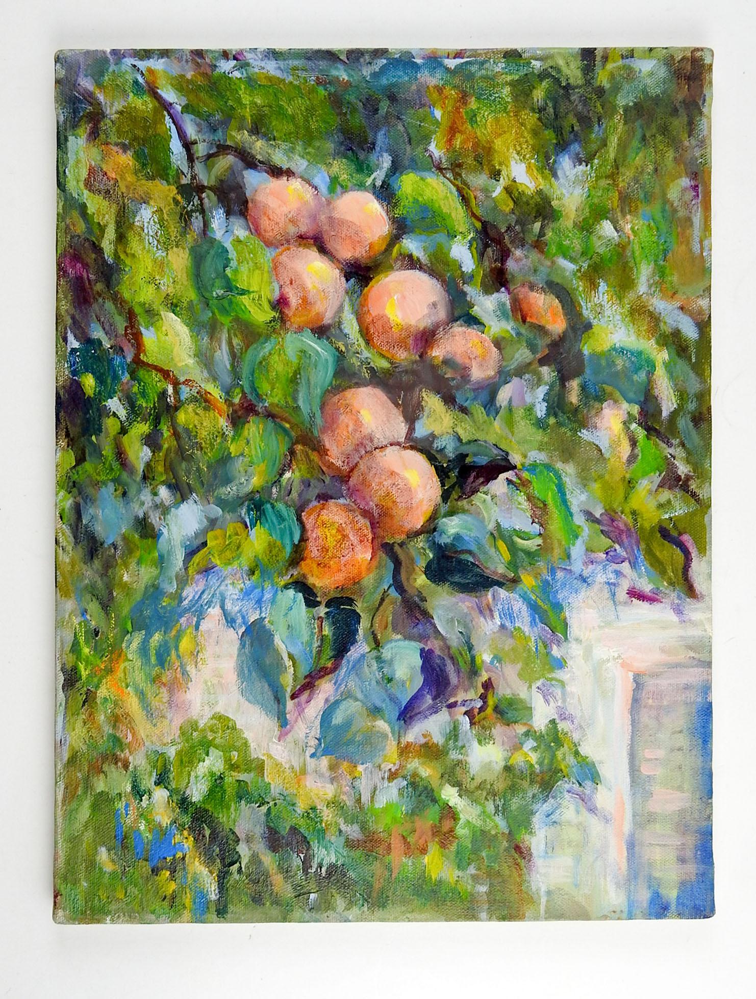 Oil on canvas impressionist painting of a fruit tree, maybe apples or peaches. Unsigned. Unframed.