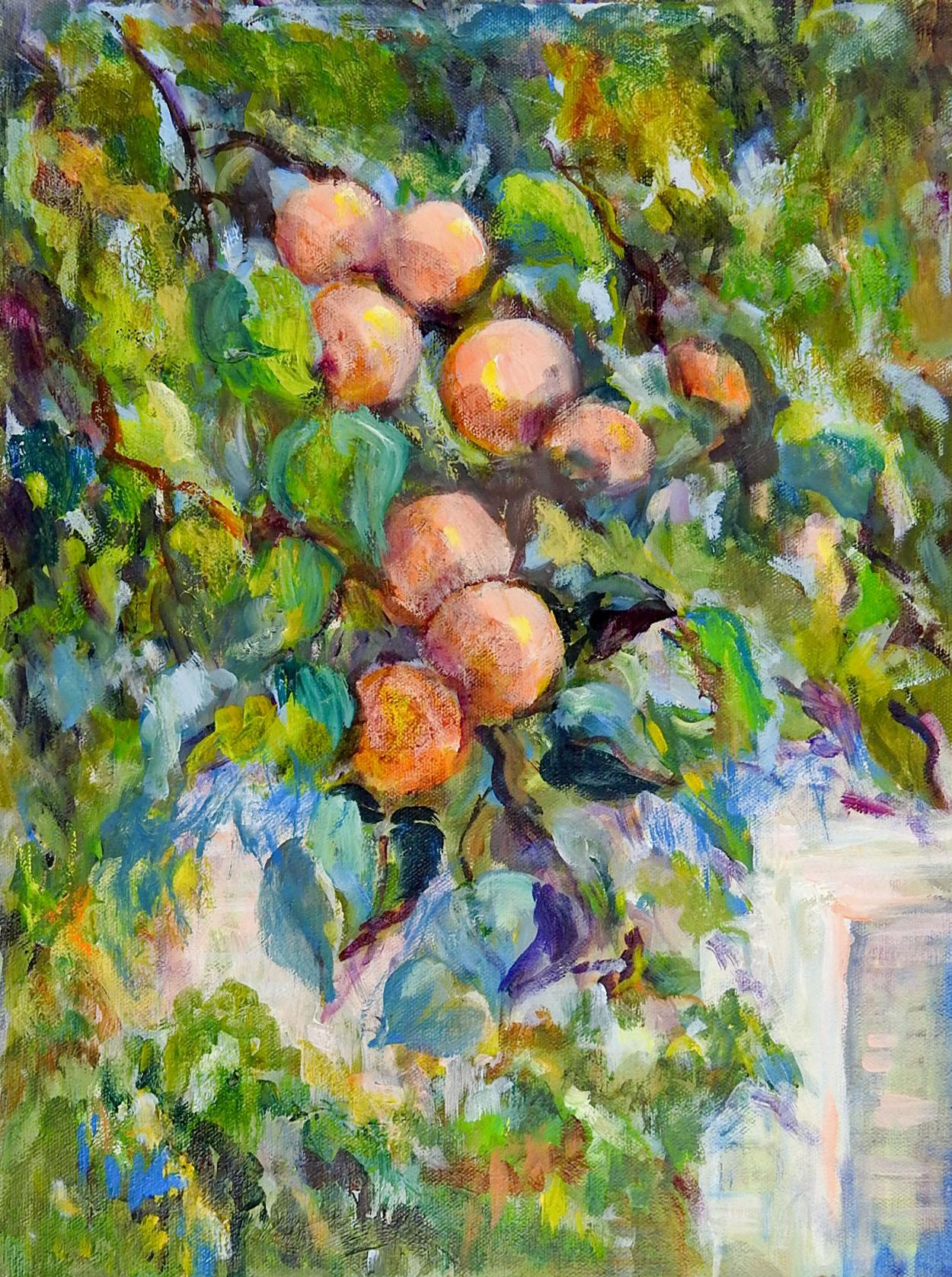 Rustic 1980s Impressionist Fruit Tree Oil Painting