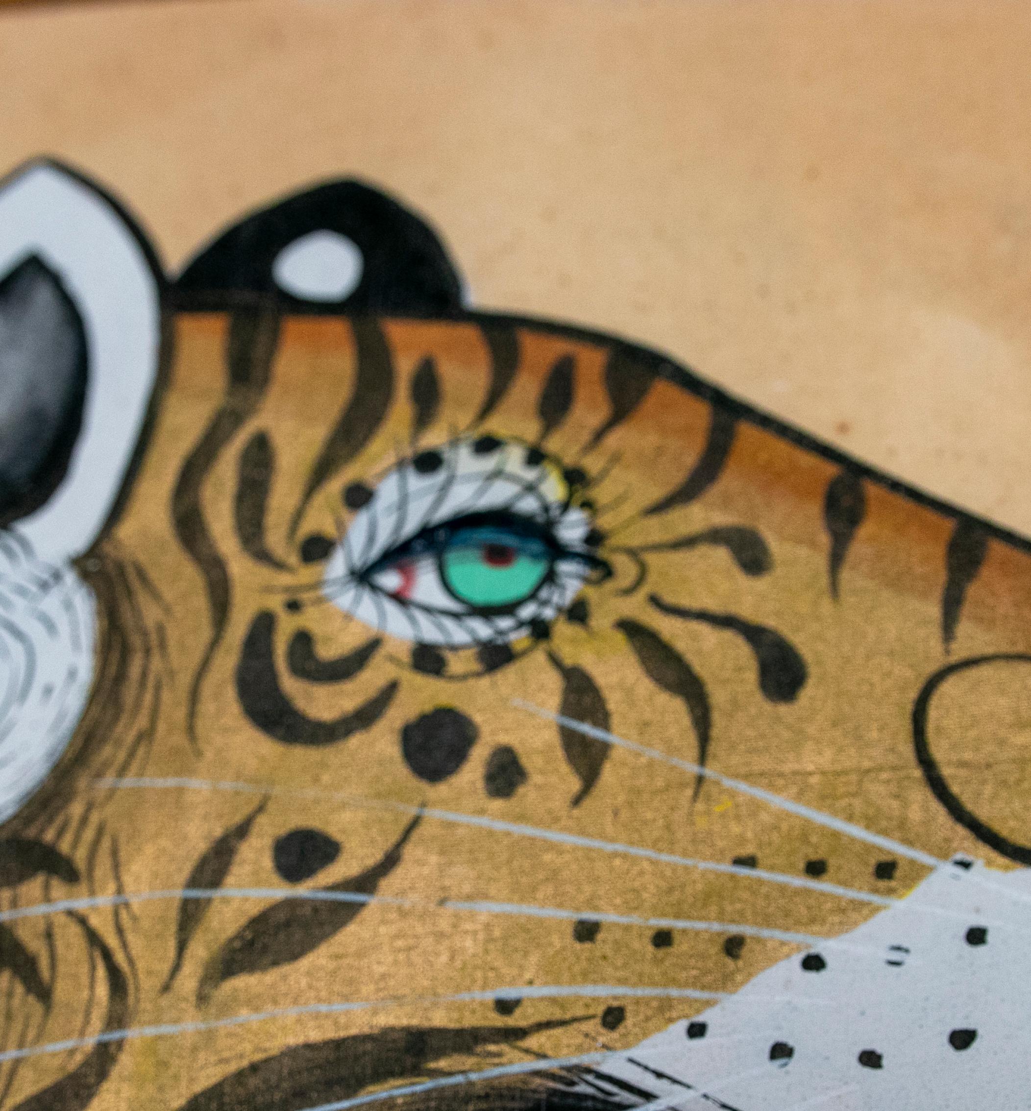 1980s Indian Hand Painted Tiger Painting with Bamboo Frame 2