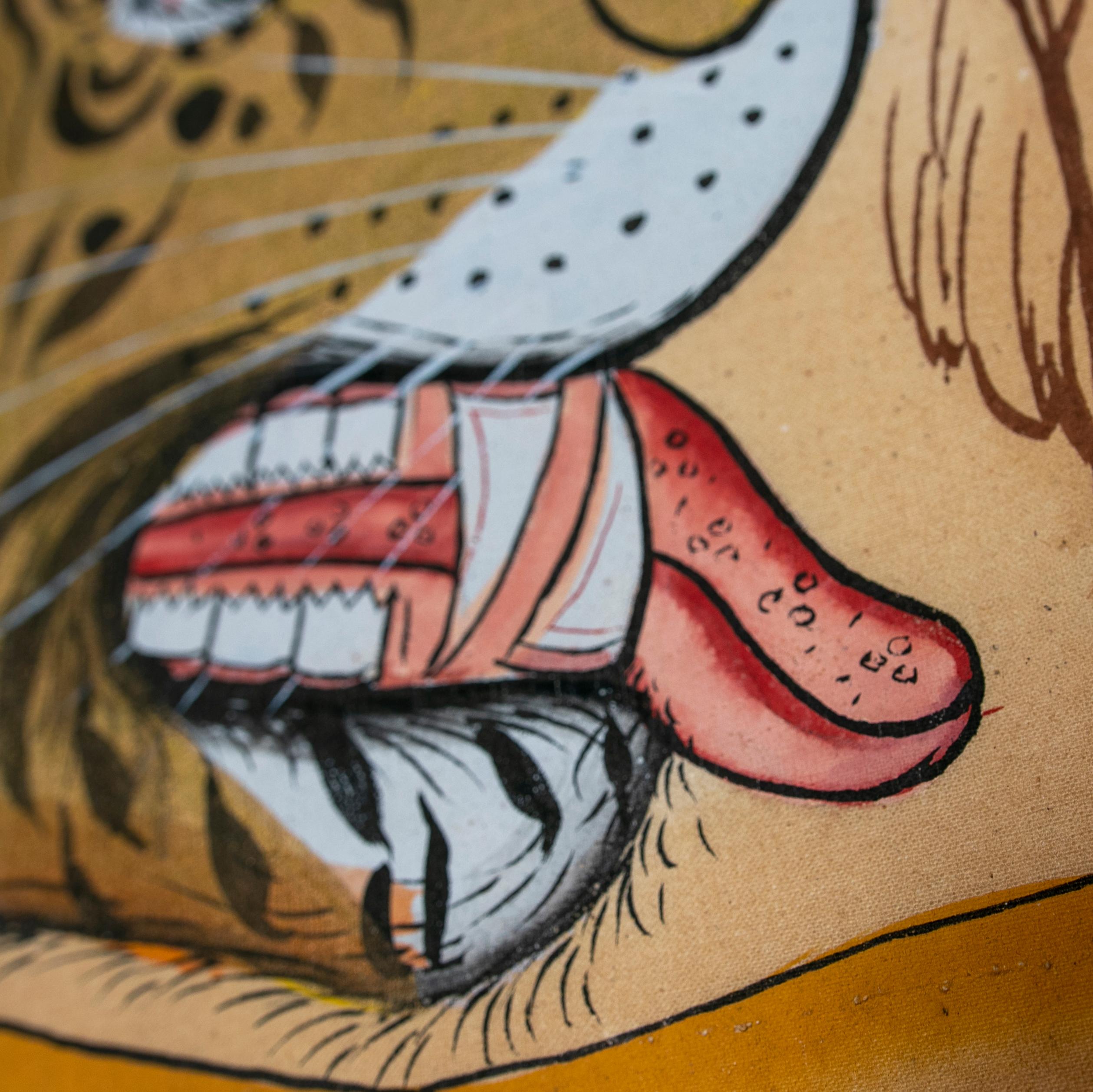 1980s Indian Hand Painted Tiger Painting with Bamboo Frame 3