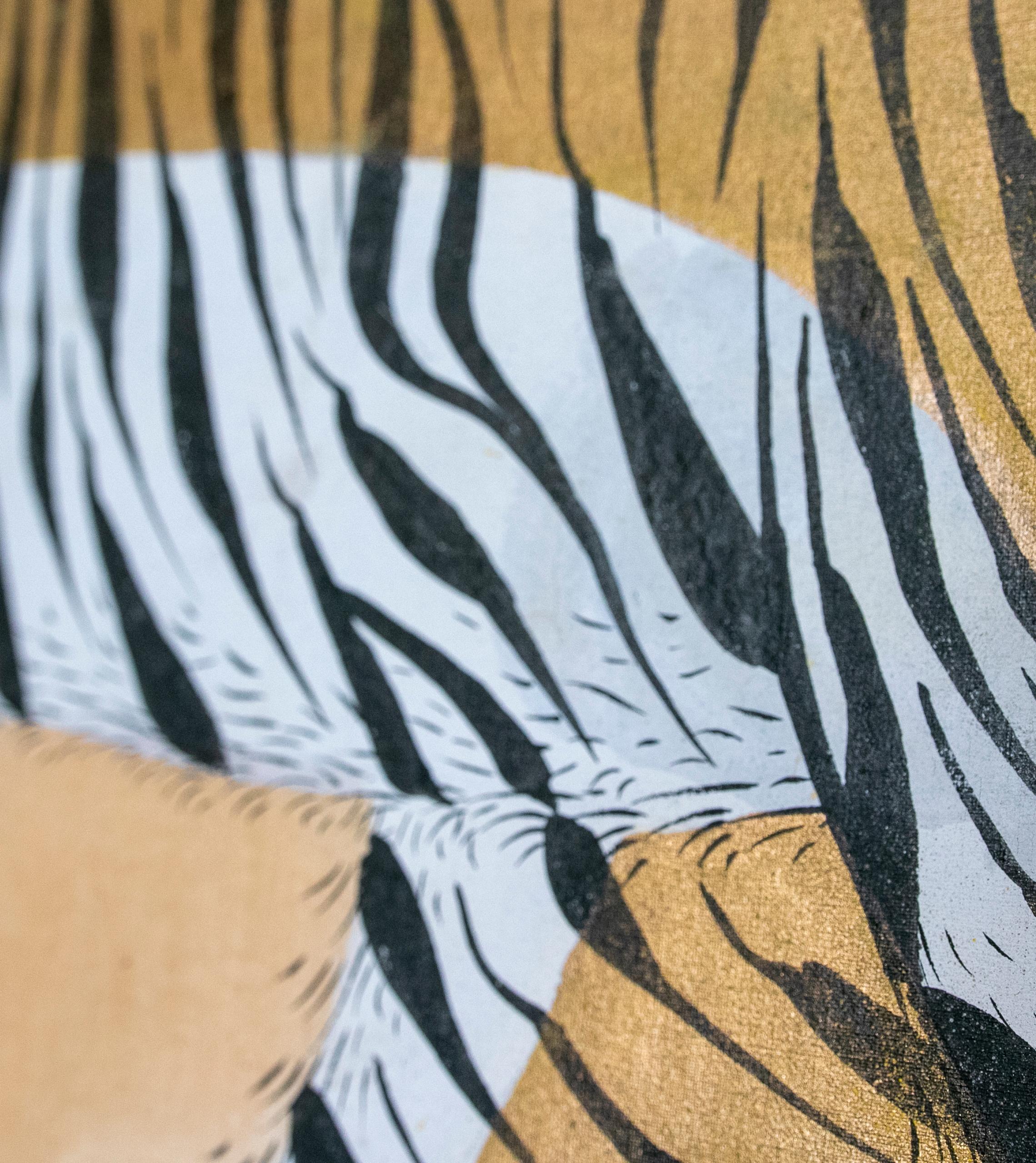 1980s Indian Hand Painted Tiger Painting with Bamboo Frame 4