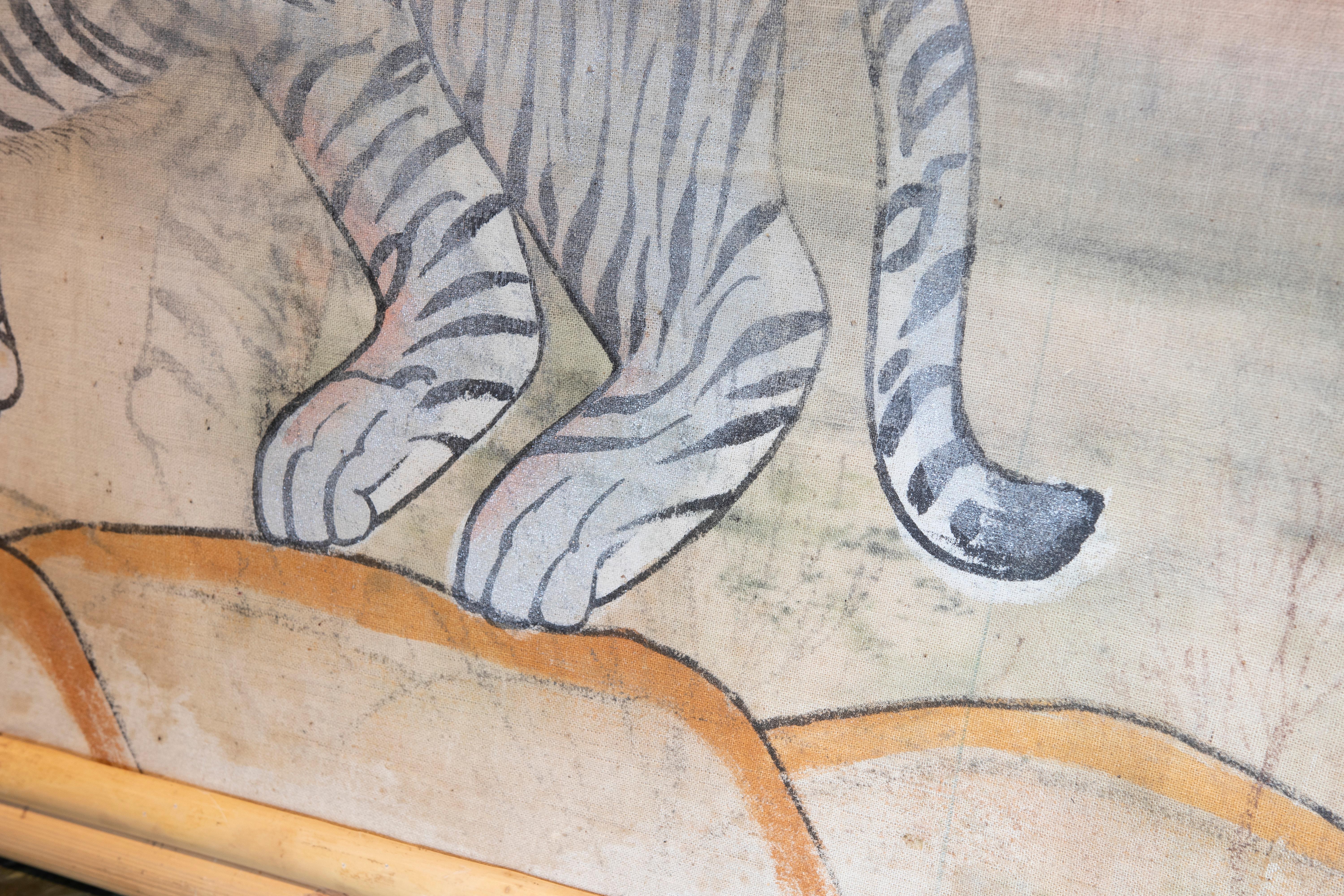 1980s Indian Hand Painted Tiger Painting with Bamboo Frame 7