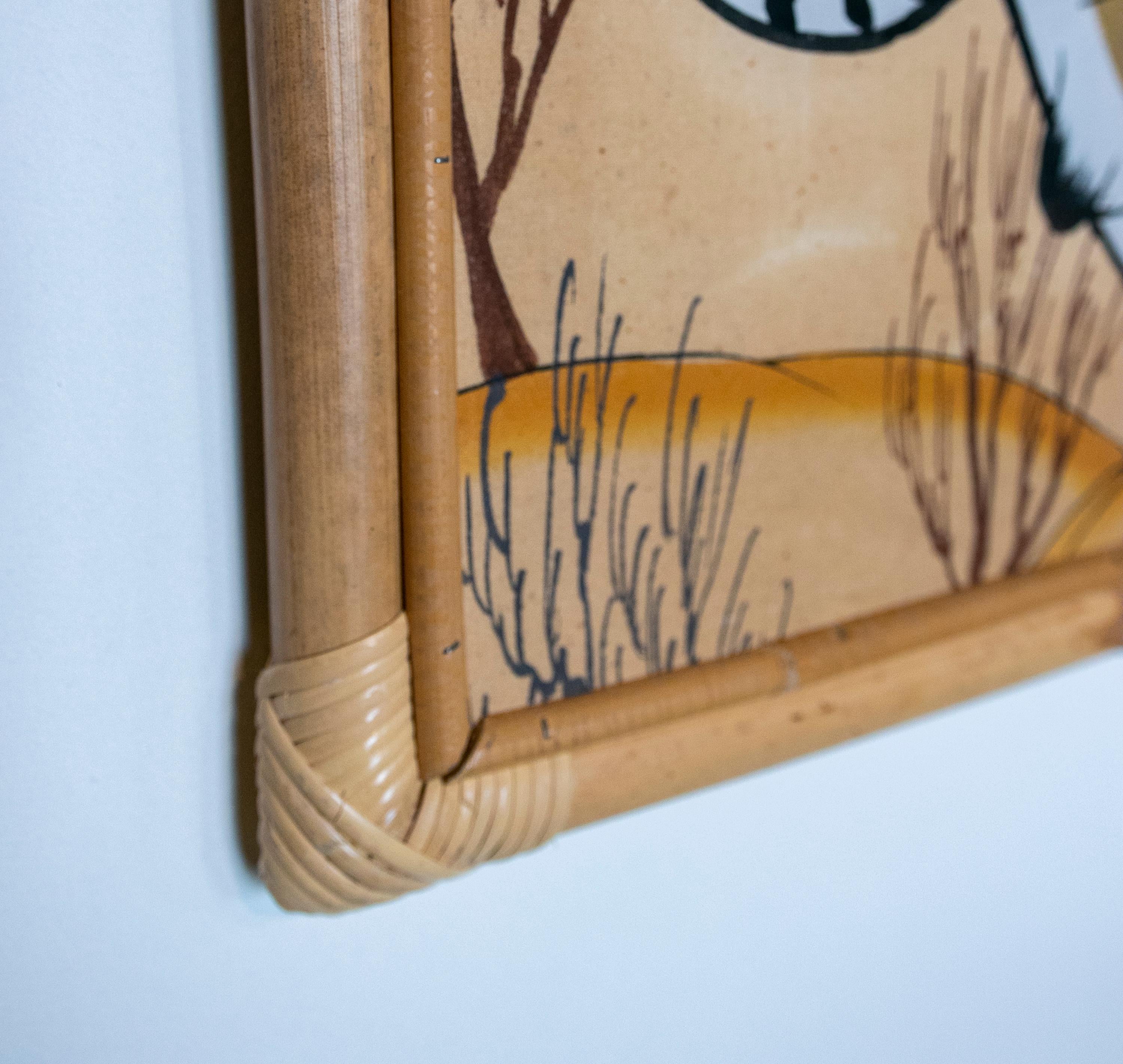 1980s Indian Hand Painted Tiger Painting with Bamboo Frame 5