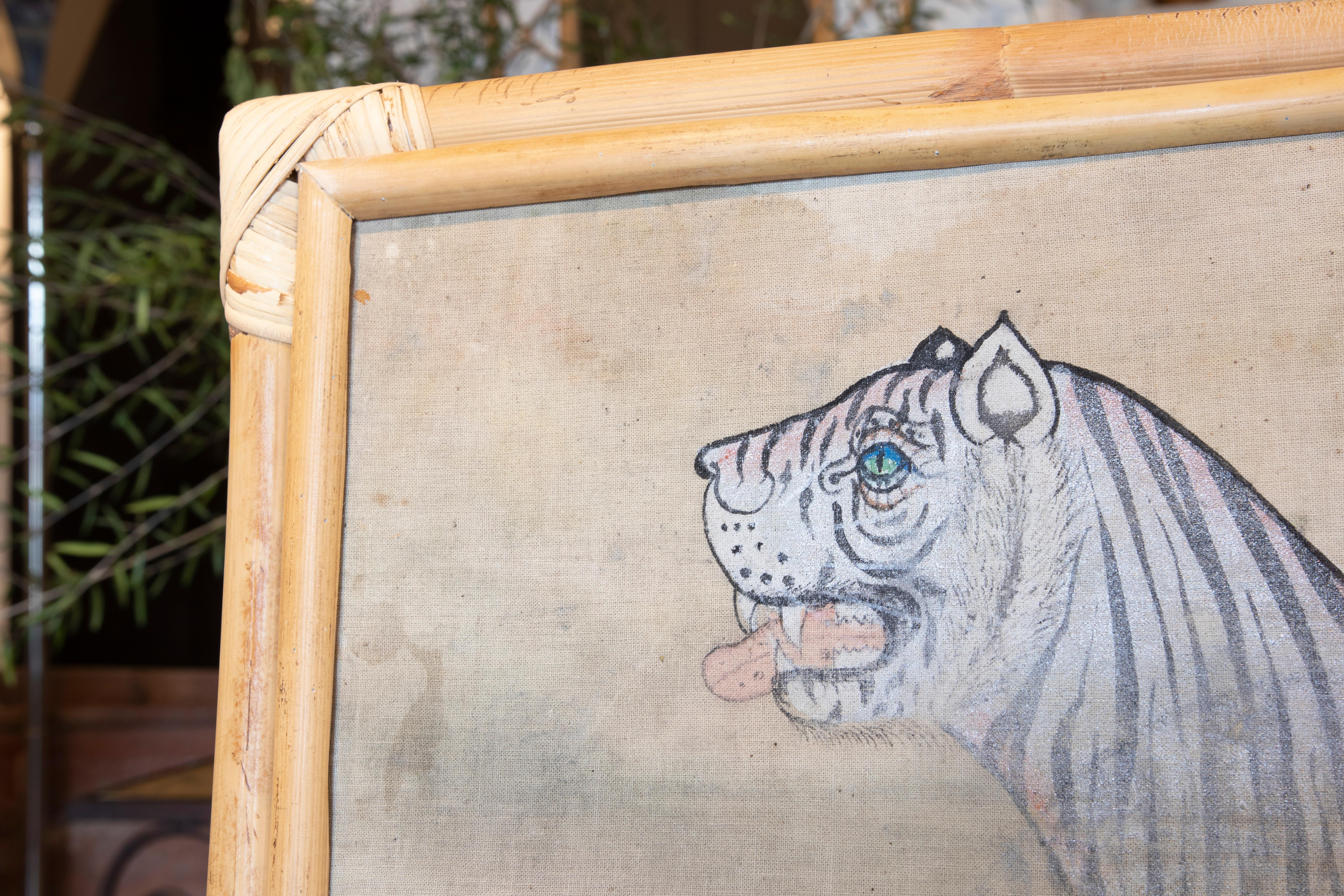 1980s Indian hand painted tiger painting with bamboo frame.