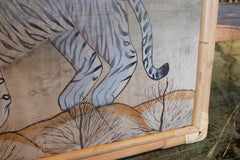 1980s Indian Hand Painted Tiger Painting with Bamboo Frame