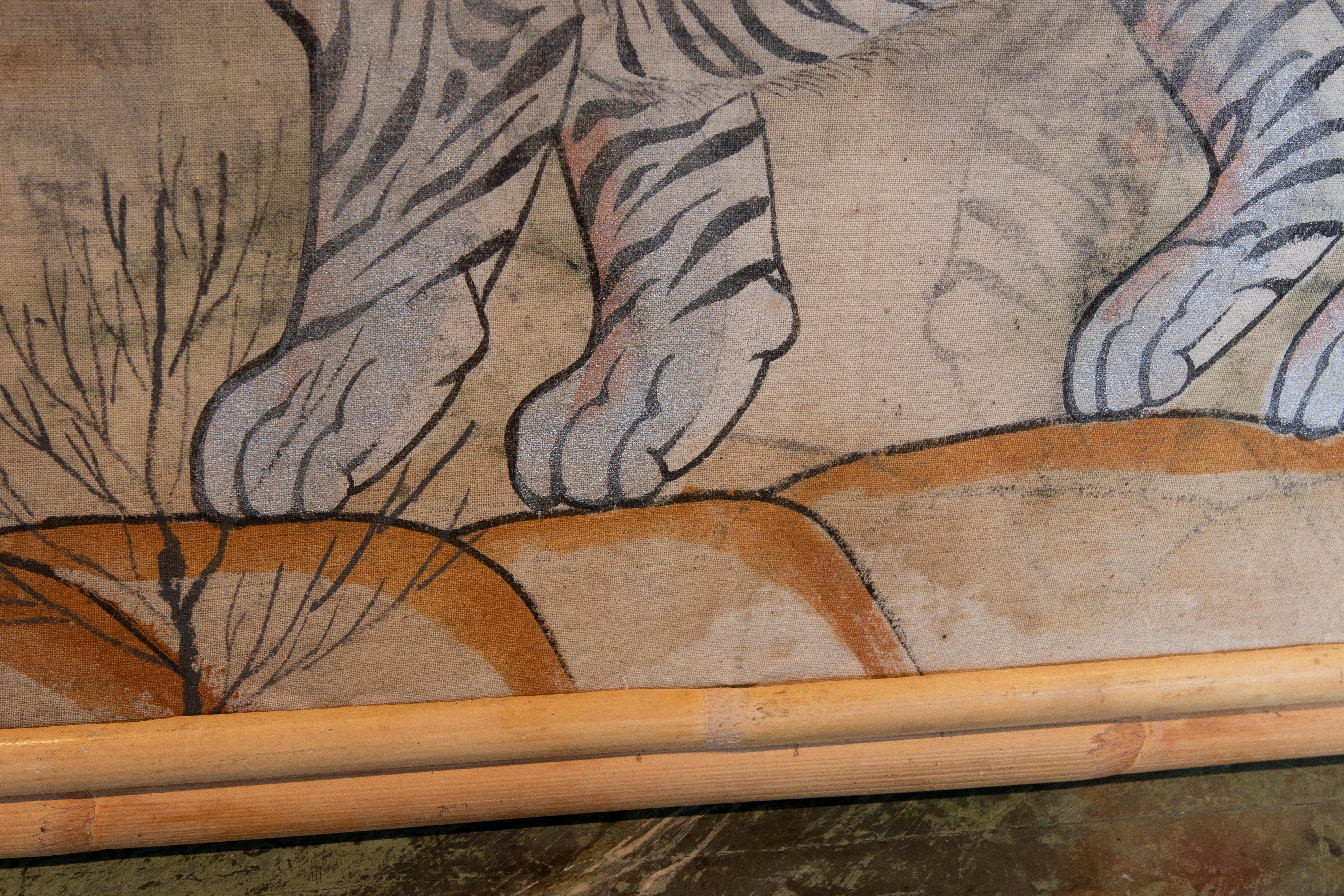 Fabric 1980s Indian Hand Painted Tiger Painting with Bamboo Frame