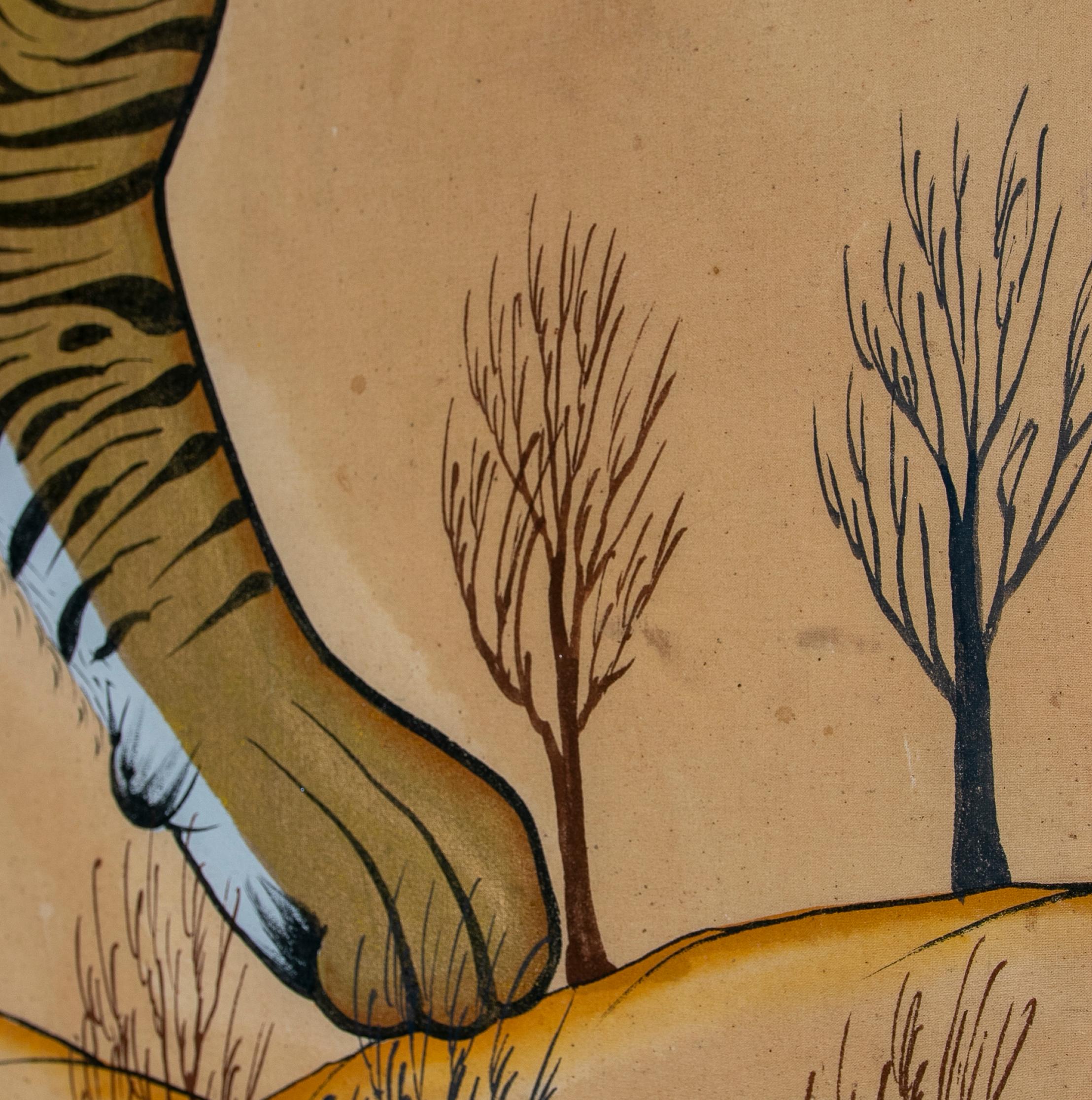 1980s Indian Hand Painted Tiger Painting with Bamboo Frame In Good Condition In Marbella, ES
