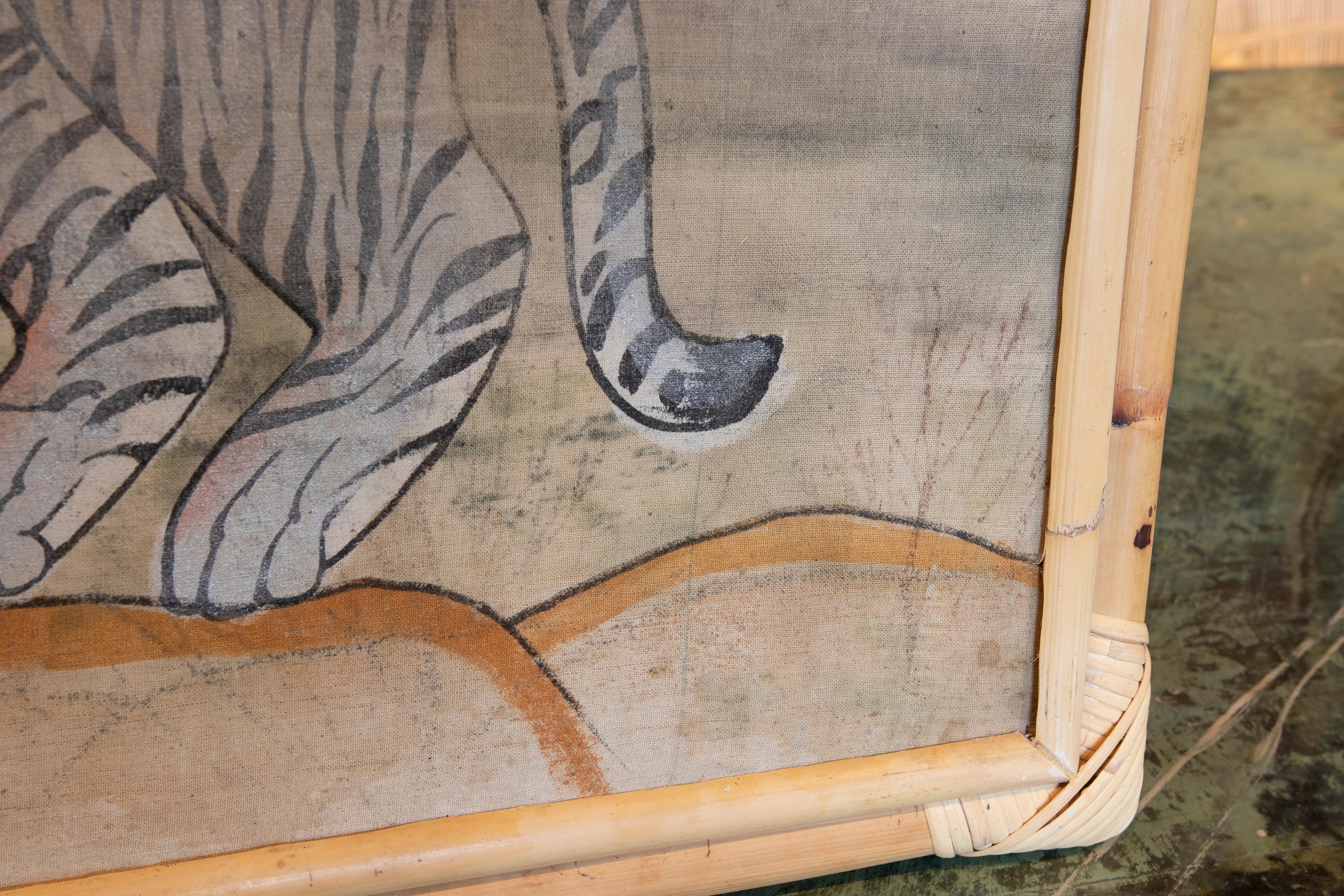 1980s Indian Hand Painted Tiger Painting with Bamboo Frame 1