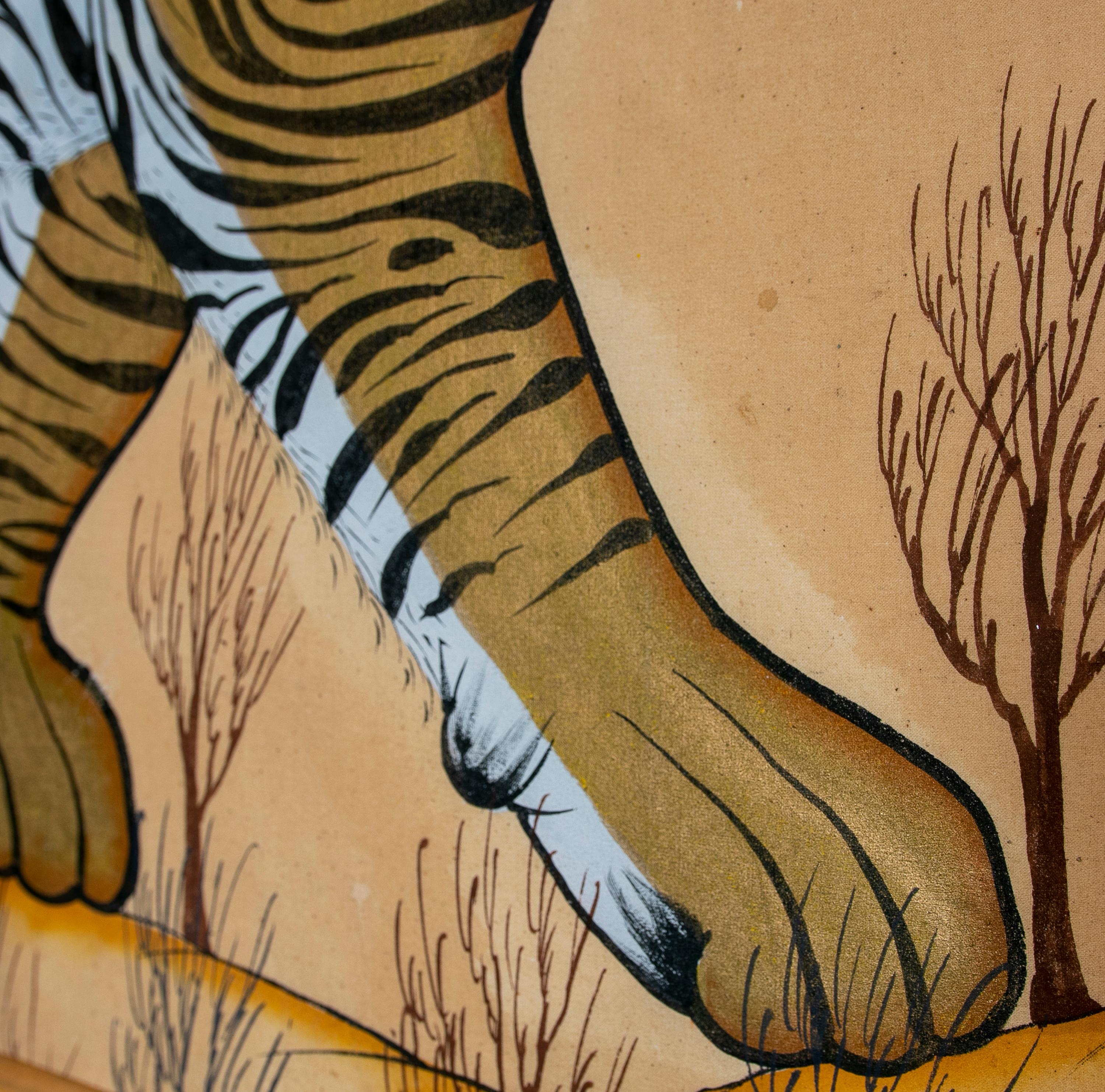 20th Century 1980s Indian Hand Painted Tiger Painting with Bamboo Frame