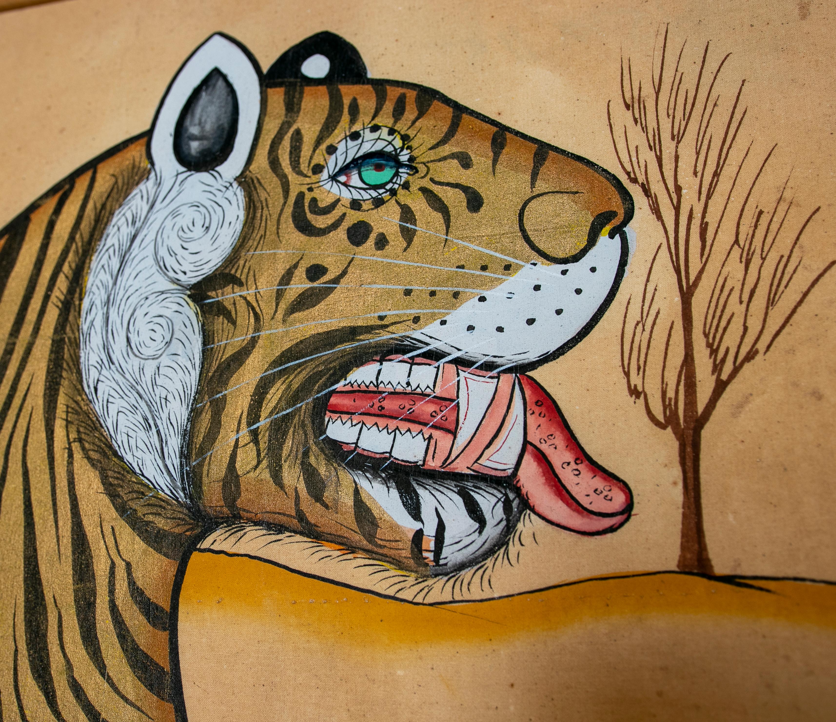 Fabric 1980s Indian Hand Painted Tiger Painting with Bamboo Frame