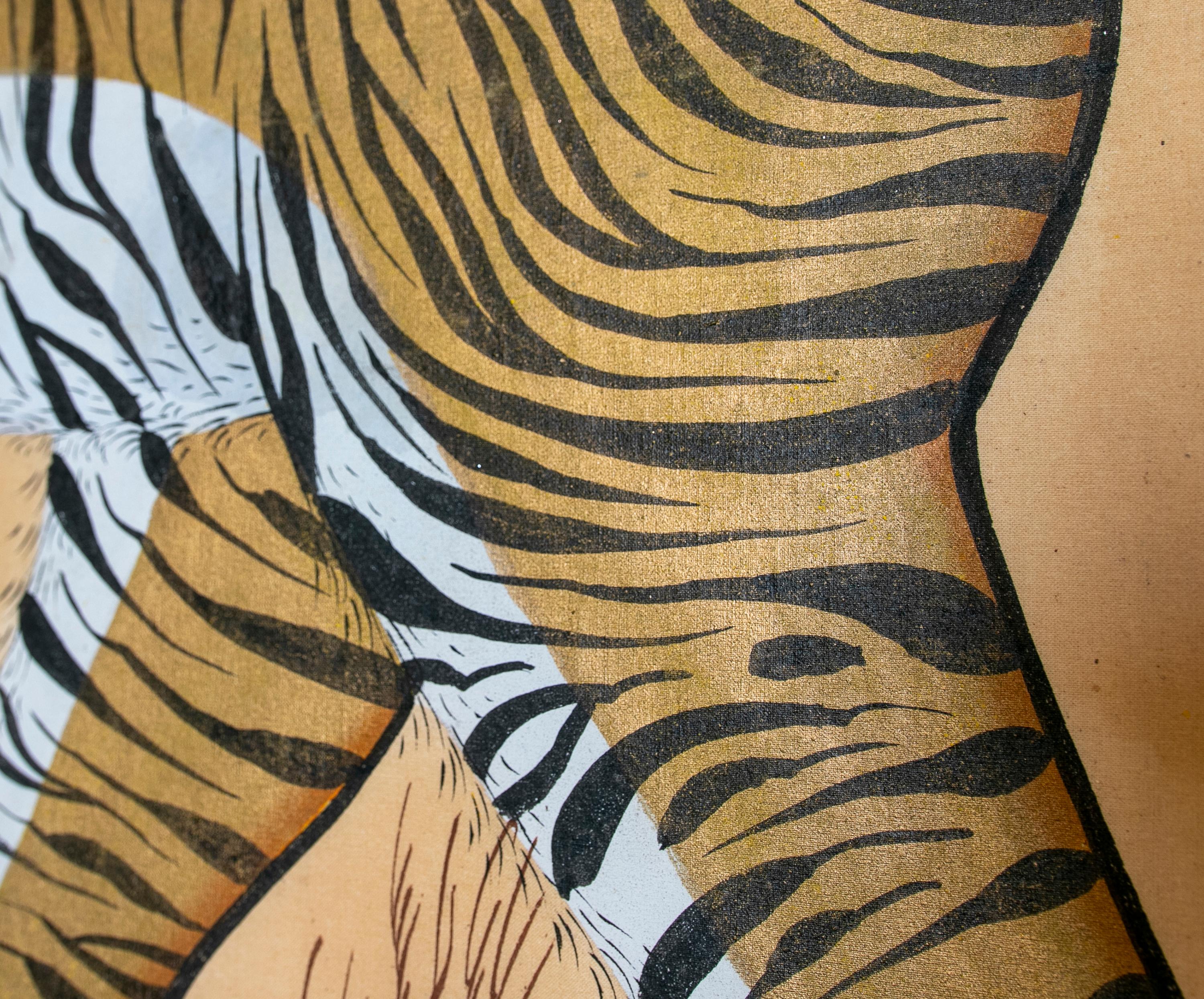 1980s Indian Hand Painted Tiger Painting with Bamboo Frame 1