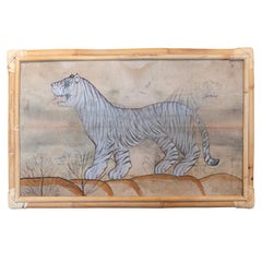 Vintage 1980s Indian Hand Painted Tiger Painting with Bamboo Frame
