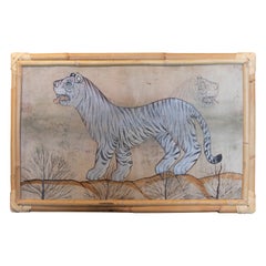 Vintage 1980s Indian Hand Painted Tiger Painting with Bamboo Frame