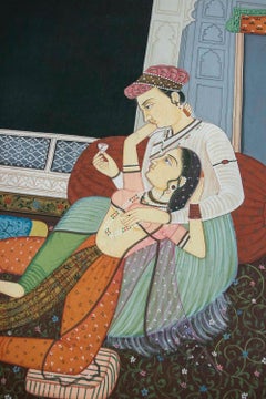 1980s Indian Painted Fabric with Courtly Scene and Floral Frame