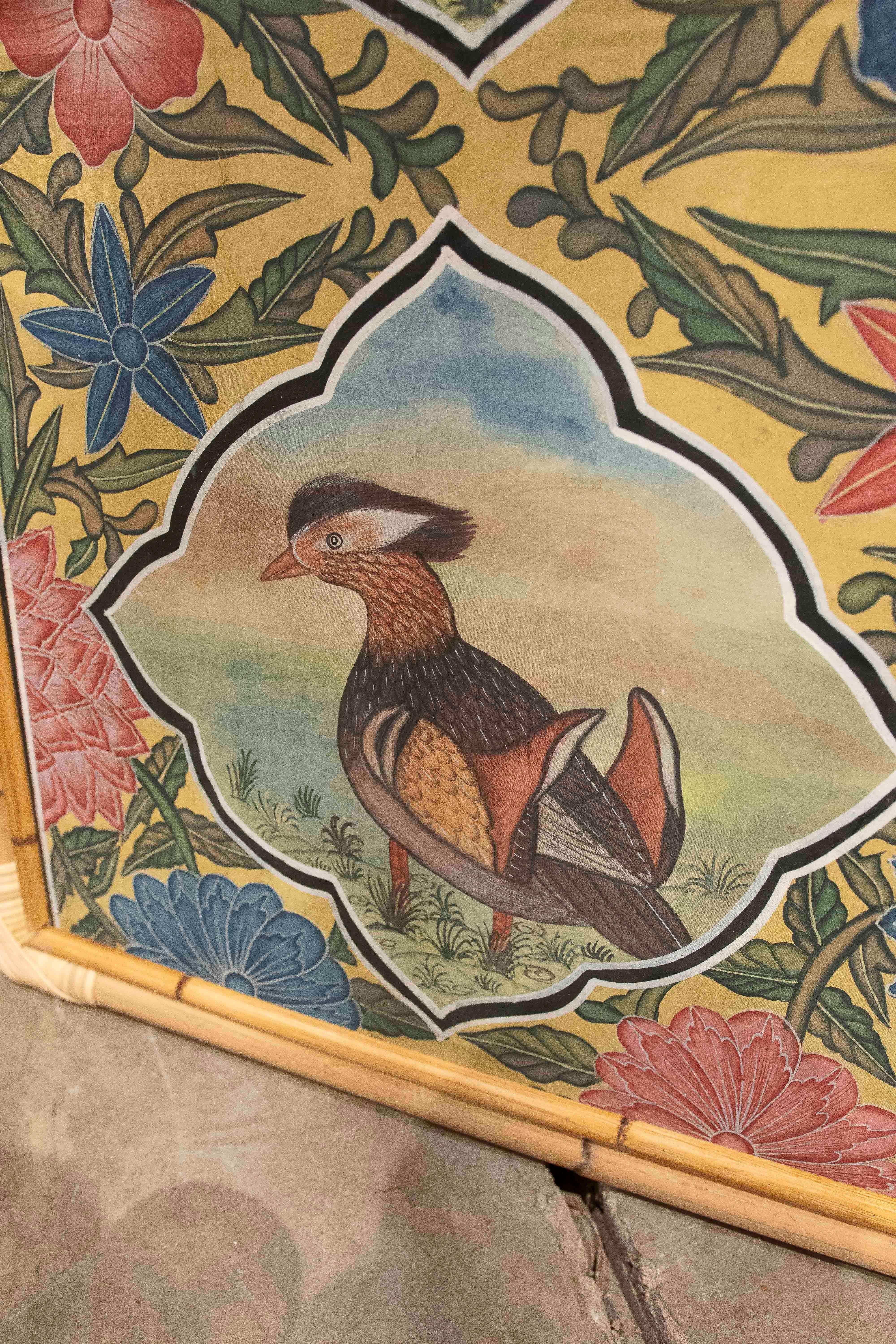 1980s Indo-Persian Decorative Panel with Exotic Birds and Bamboo Frame For Sale 4