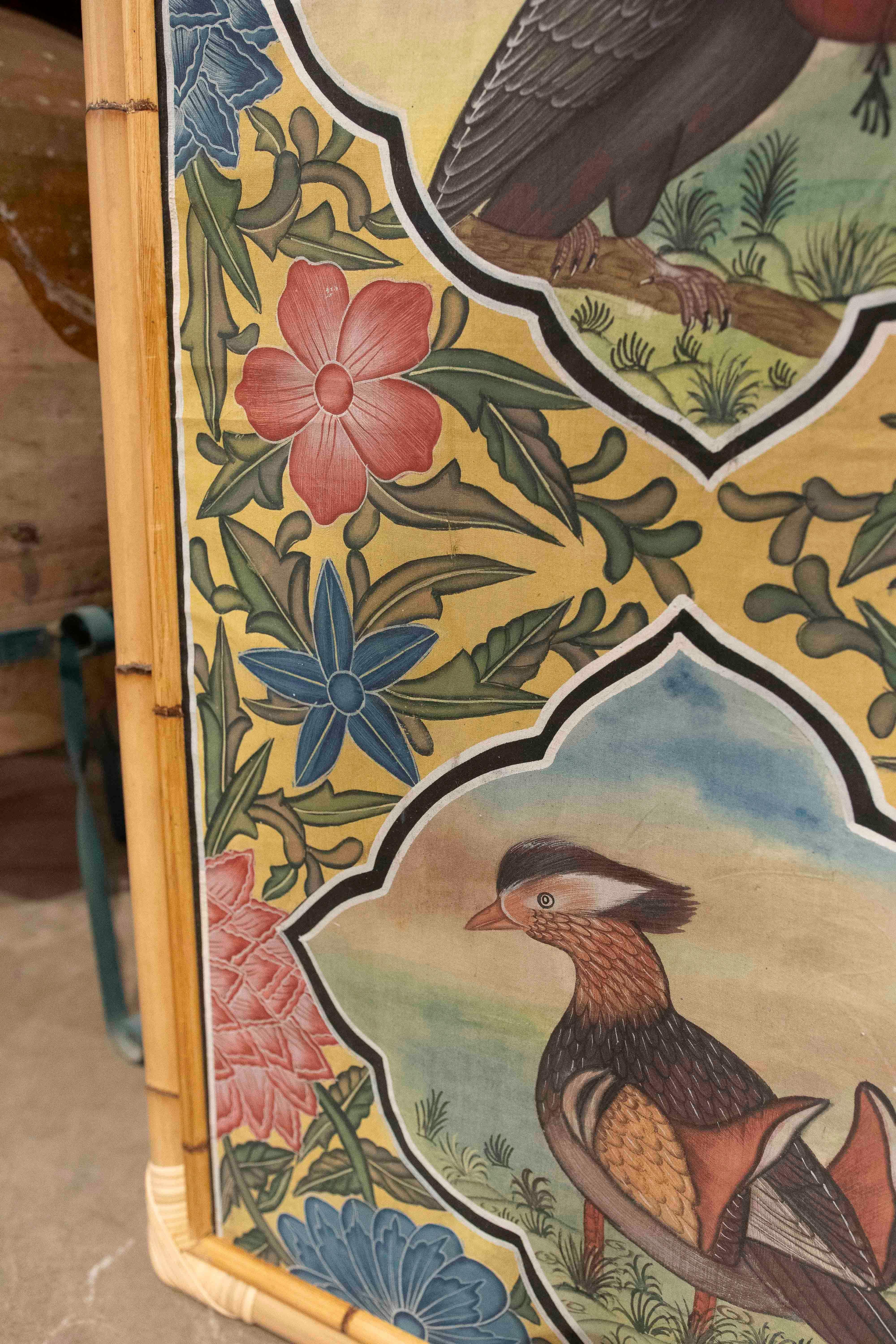 1980s Indo-Persian Decorative Panel with Exotic Birds and Bamboo Frame For Sale 6