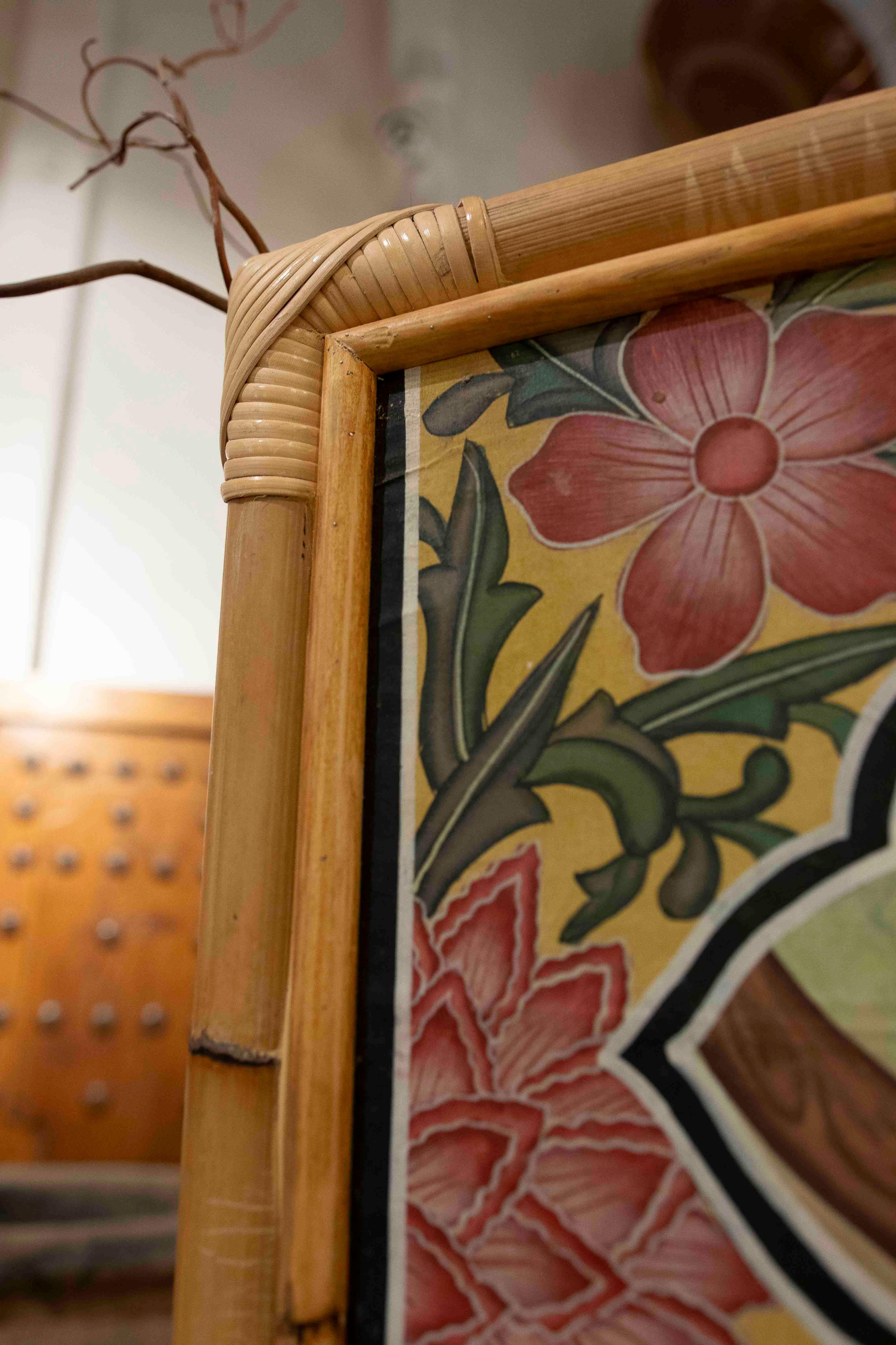 1980s Indo-Persian Decorative Panel with Exotic Birds and Bamboo Frame For Sale 7