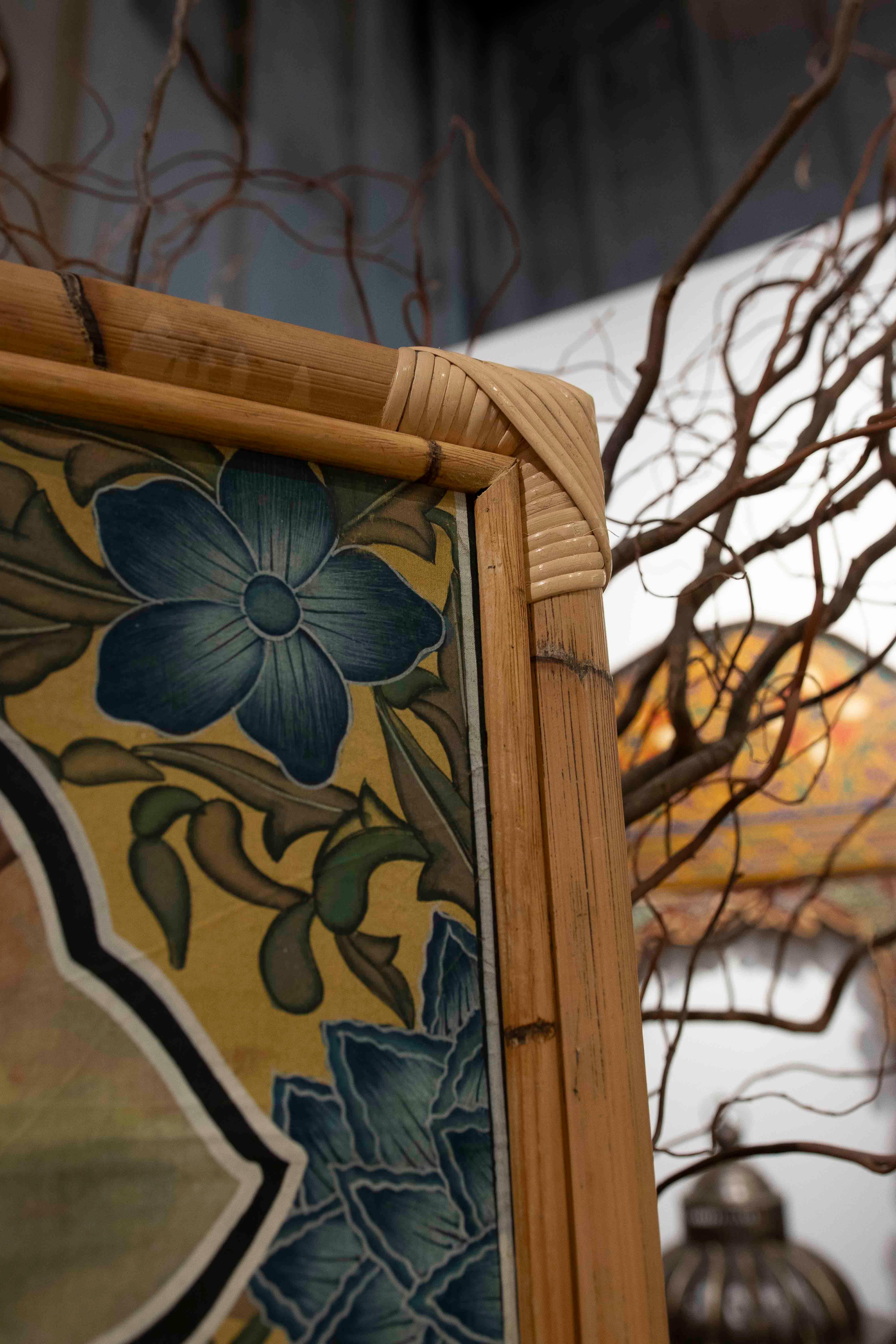 1980s Indo-Persian Decorative Panel with Exotic Birds and Bamboo Frame For Sale 8