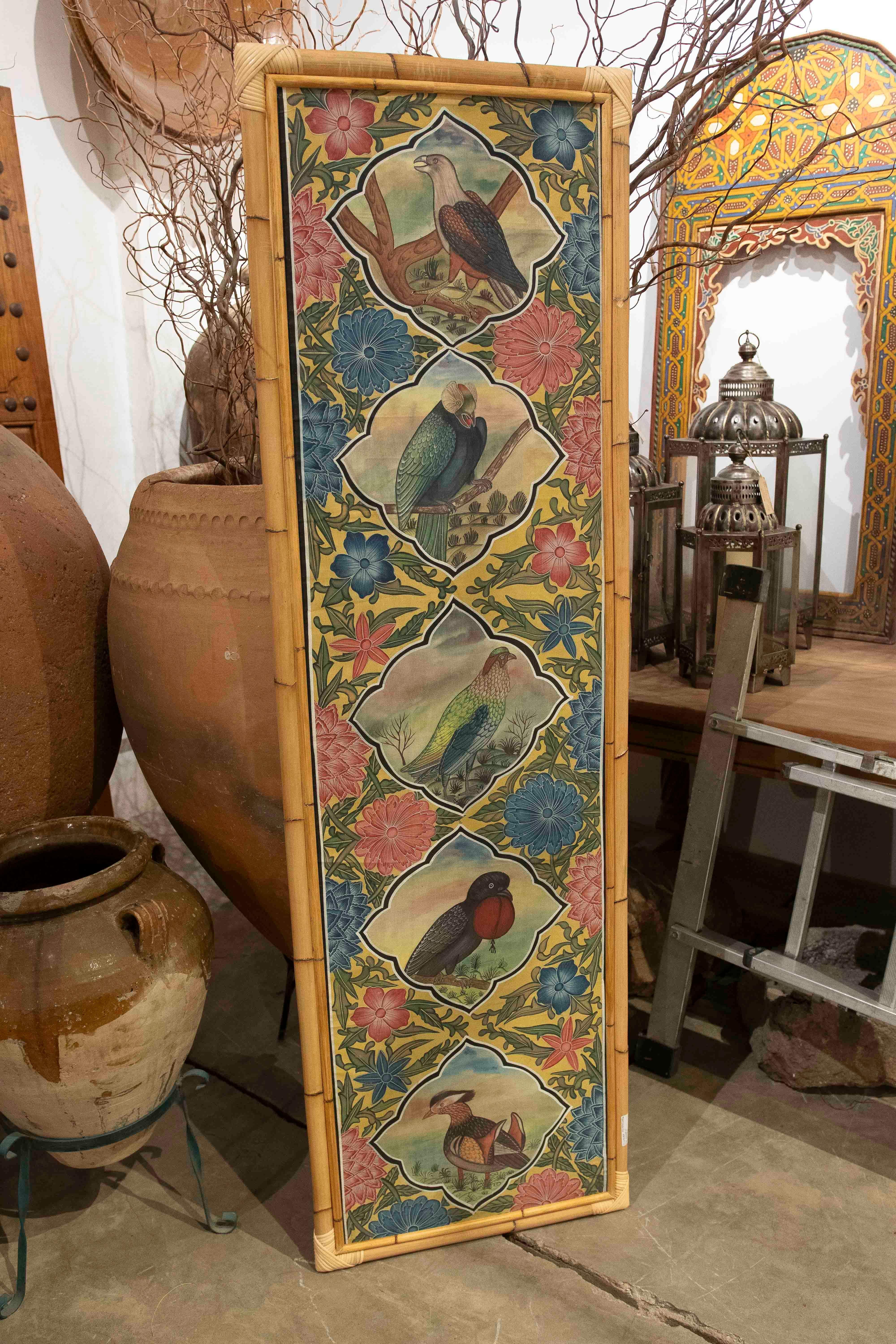 A beautiful hand-painted decorative panel in the Indo-Persian style, composed of a vertical series of medallions depicting various exotic birds in exquisite detail and vibrant color. Floral motifs surrounding each scene add dynamism and a lively