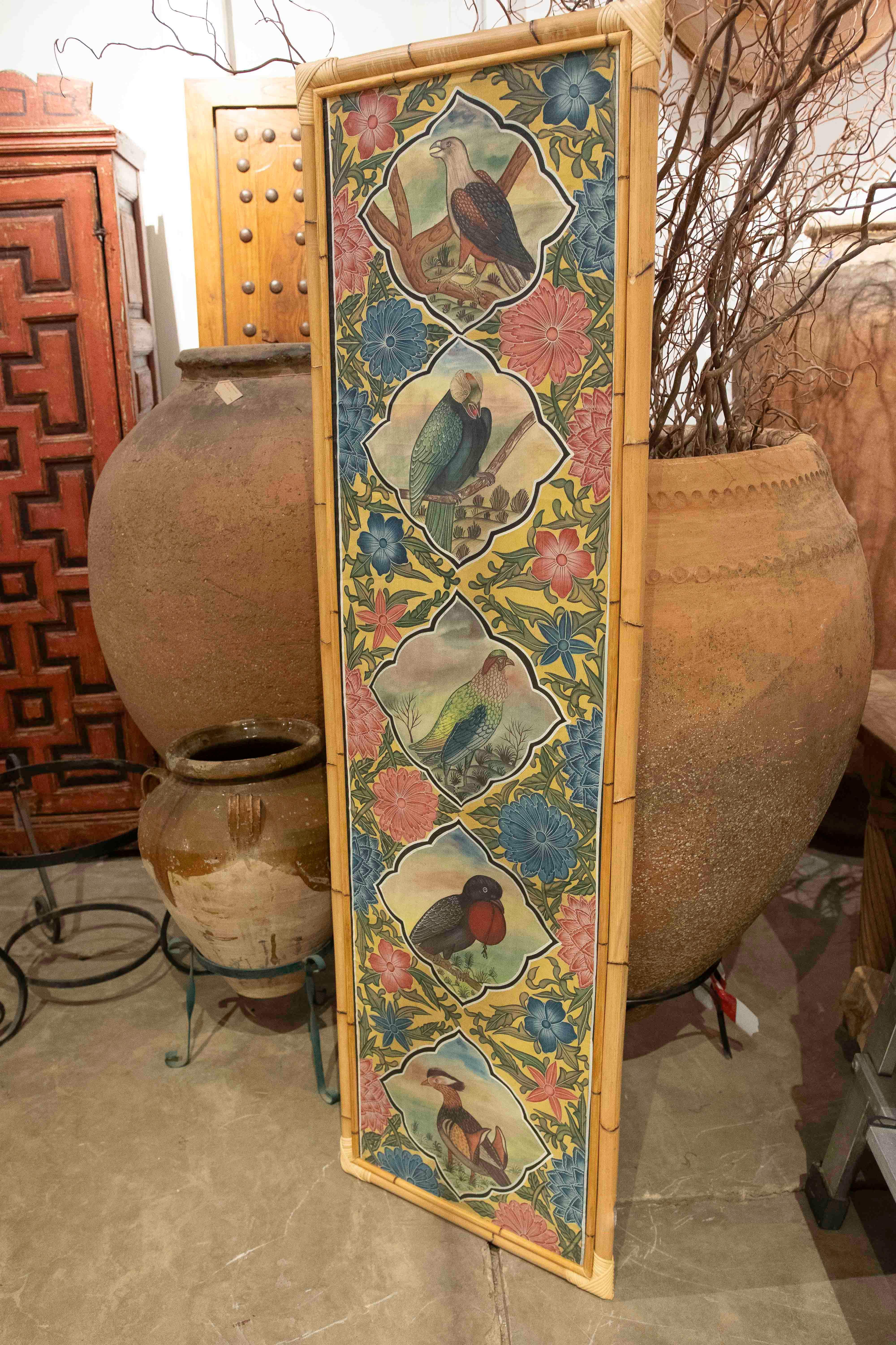 Indian 1980s Indo-Persian Decorative Panel with Exotic Birds and Bamboo Frame For Sale
