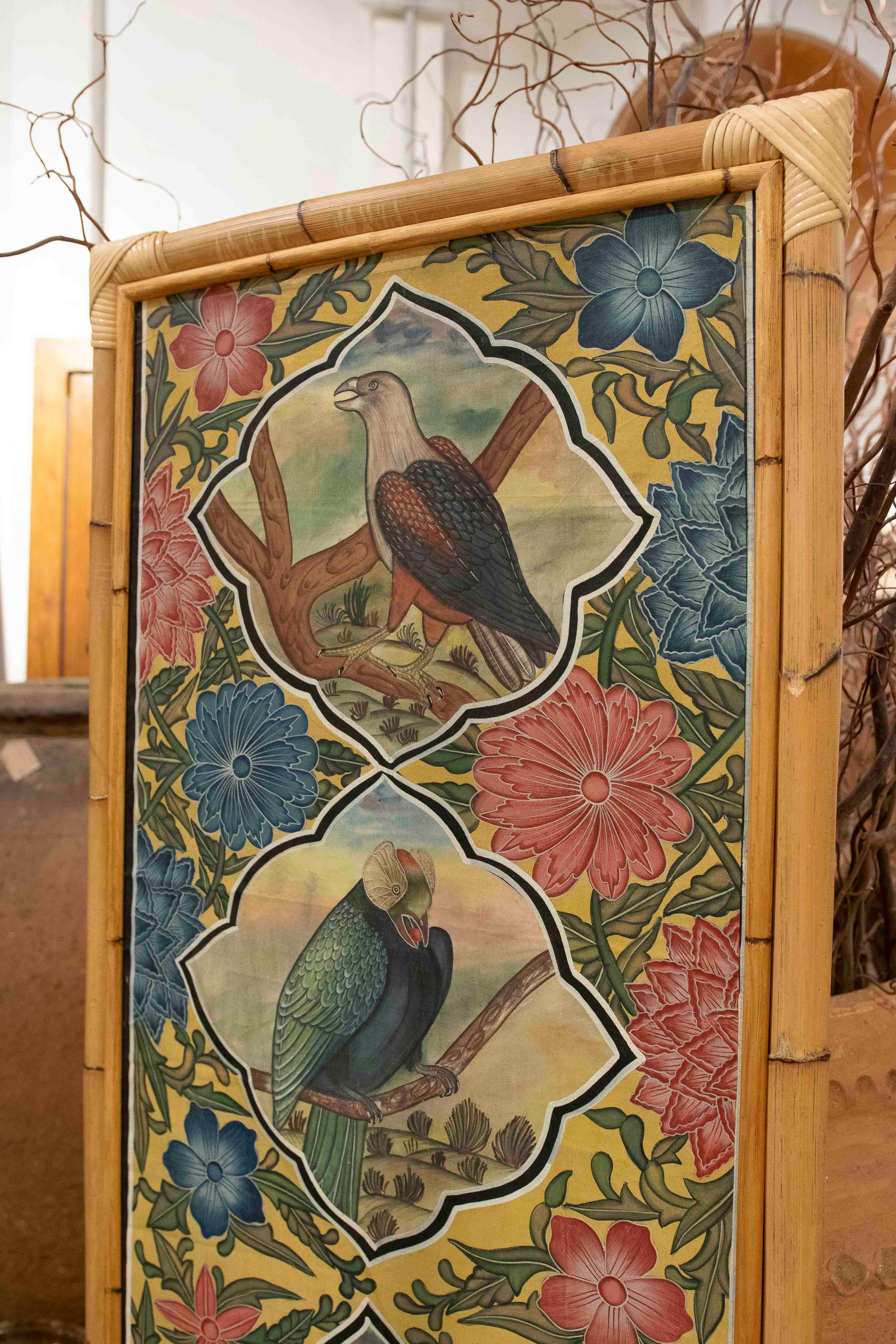 Hand-Painted 1980s Indo-Persian Decorative Panel with Exotic Birds and Bamboo Frame For Sale
