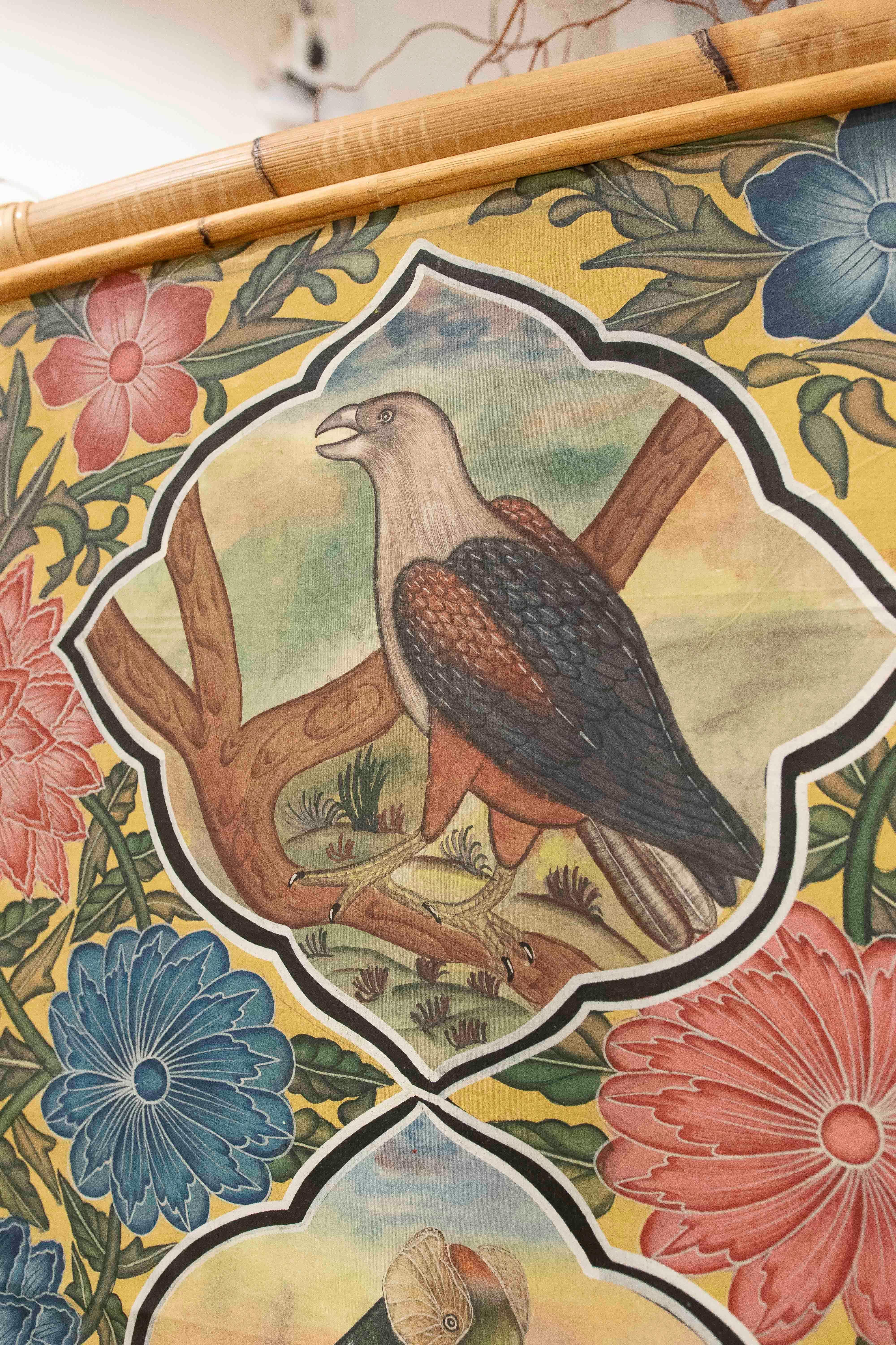 1980s Indo-Persian Decorative Panel with Exotic Birds and Bamboo Frame In Good Condition For Sale In Marbella, ES