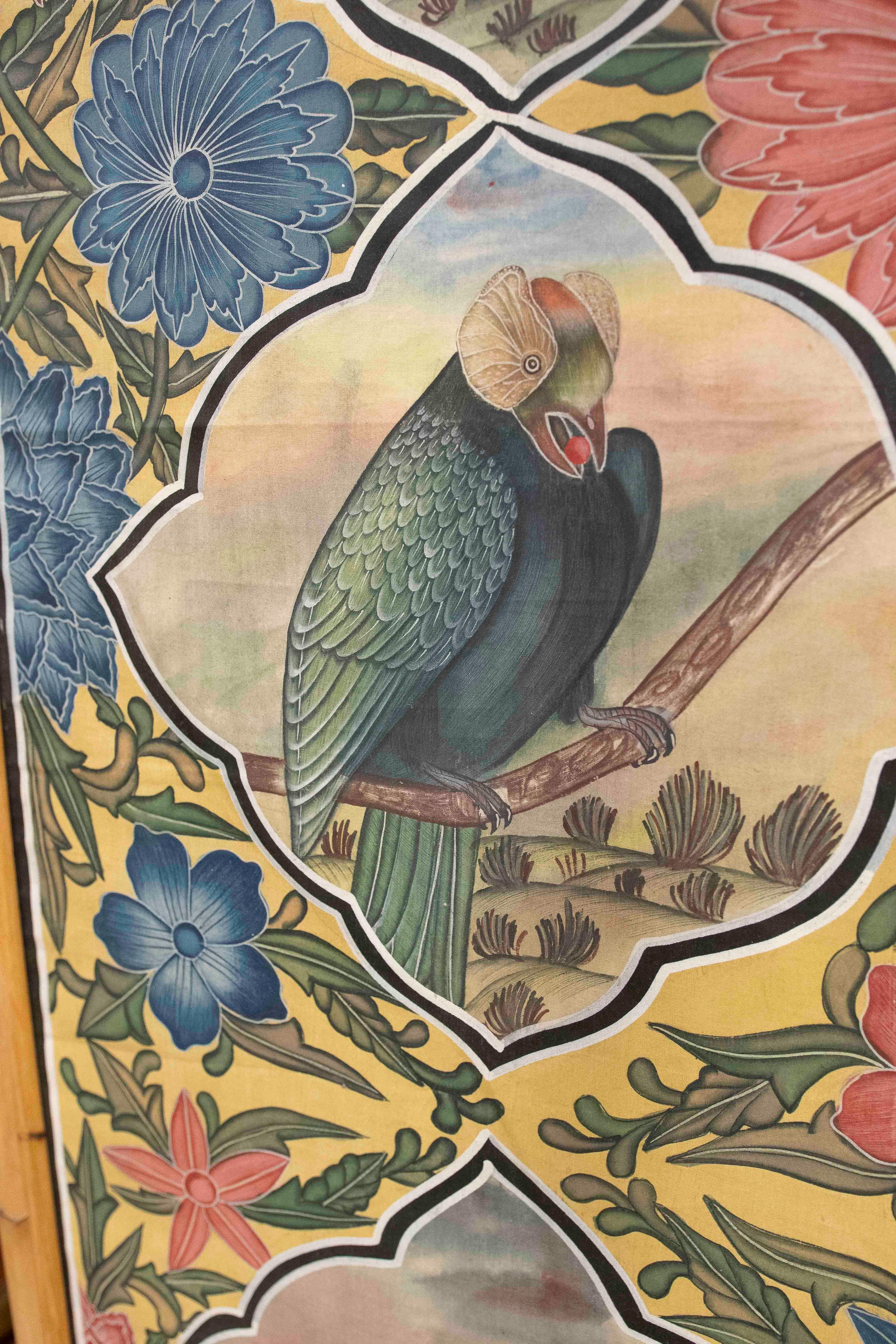 20th Century 1980s Indo-Persian Decorative Panel with Exotic Birds and Bamboo Frame For Sale