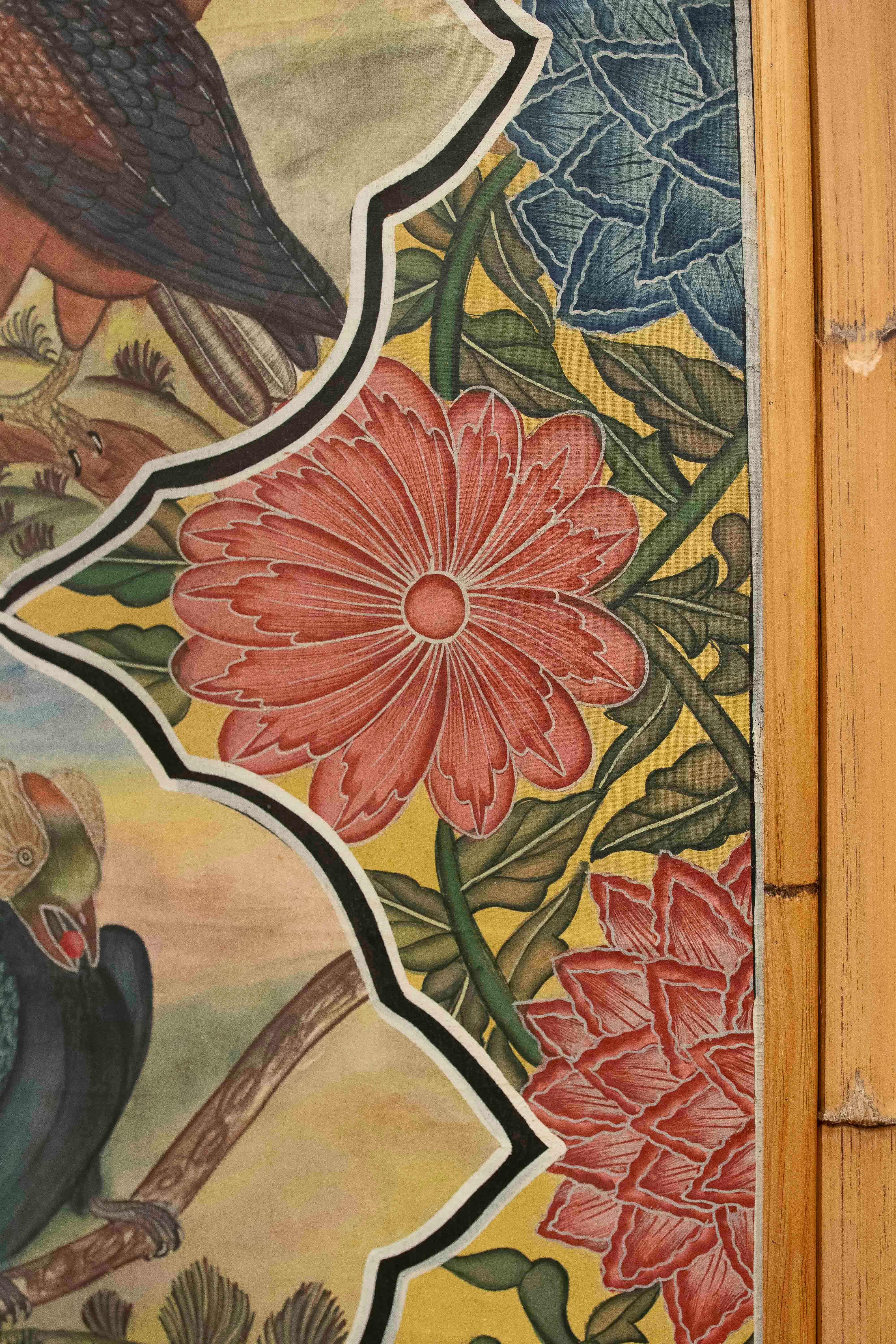 Fabric 1980s Indo-Persian Decorative Panel with Exotic Birds and Bamboo Frame For Sale