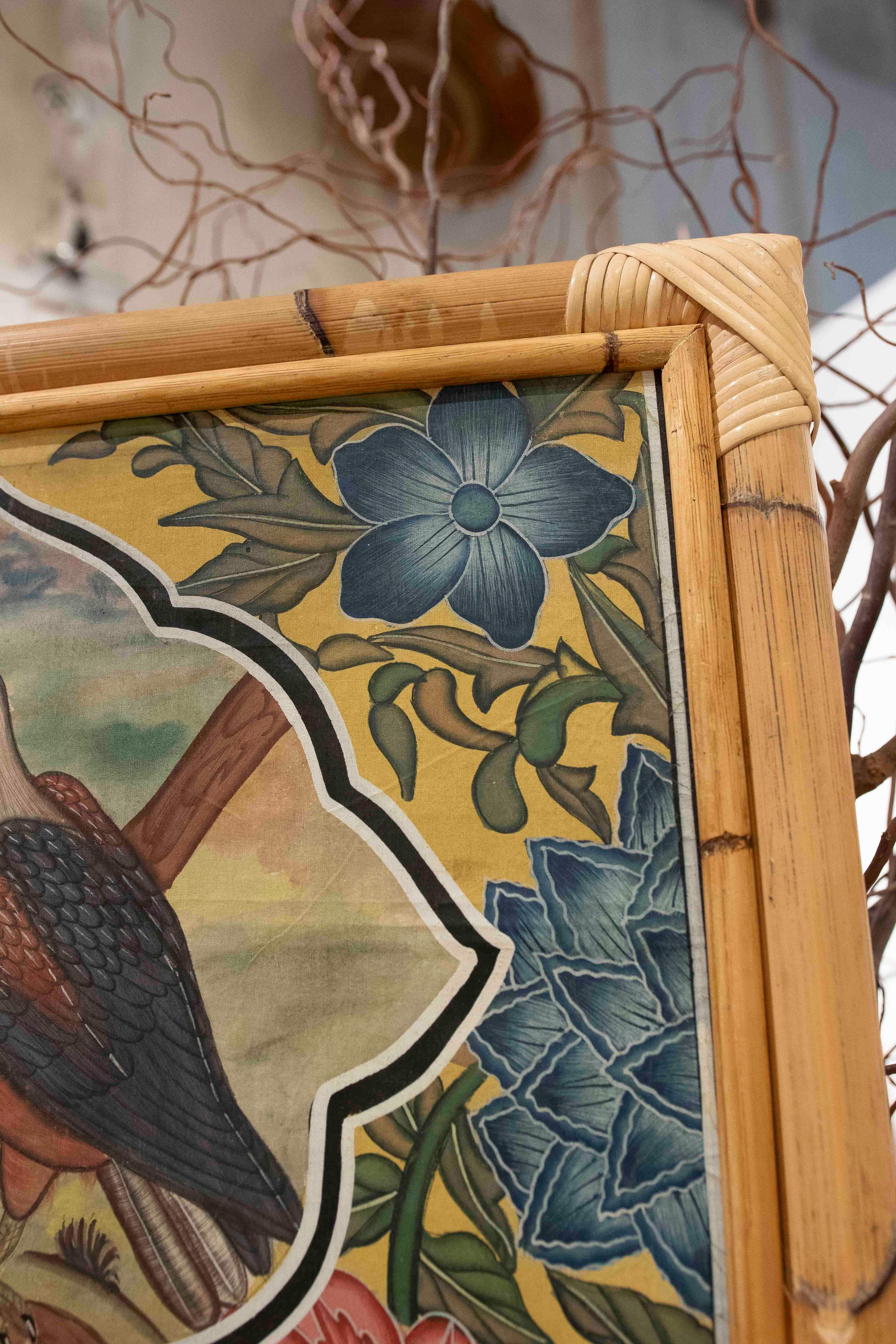 1980s Indo-Persian Decorative Panel with Exotic Birds and Bamboo Frame For Sale 1