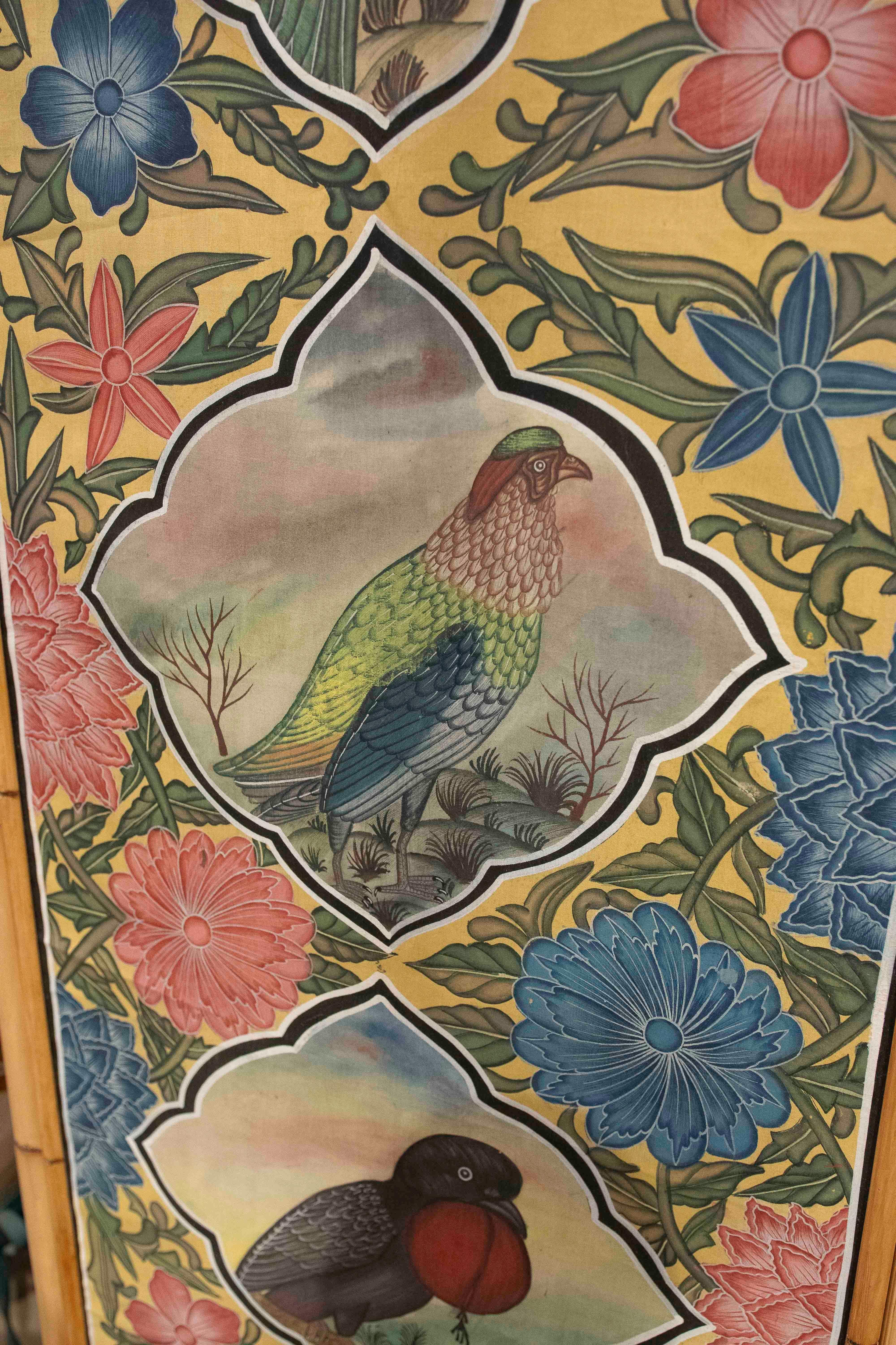 1980s Indo-Persian Decorative Panel with Exotic Birds and Bamboo Frame For Sale 2