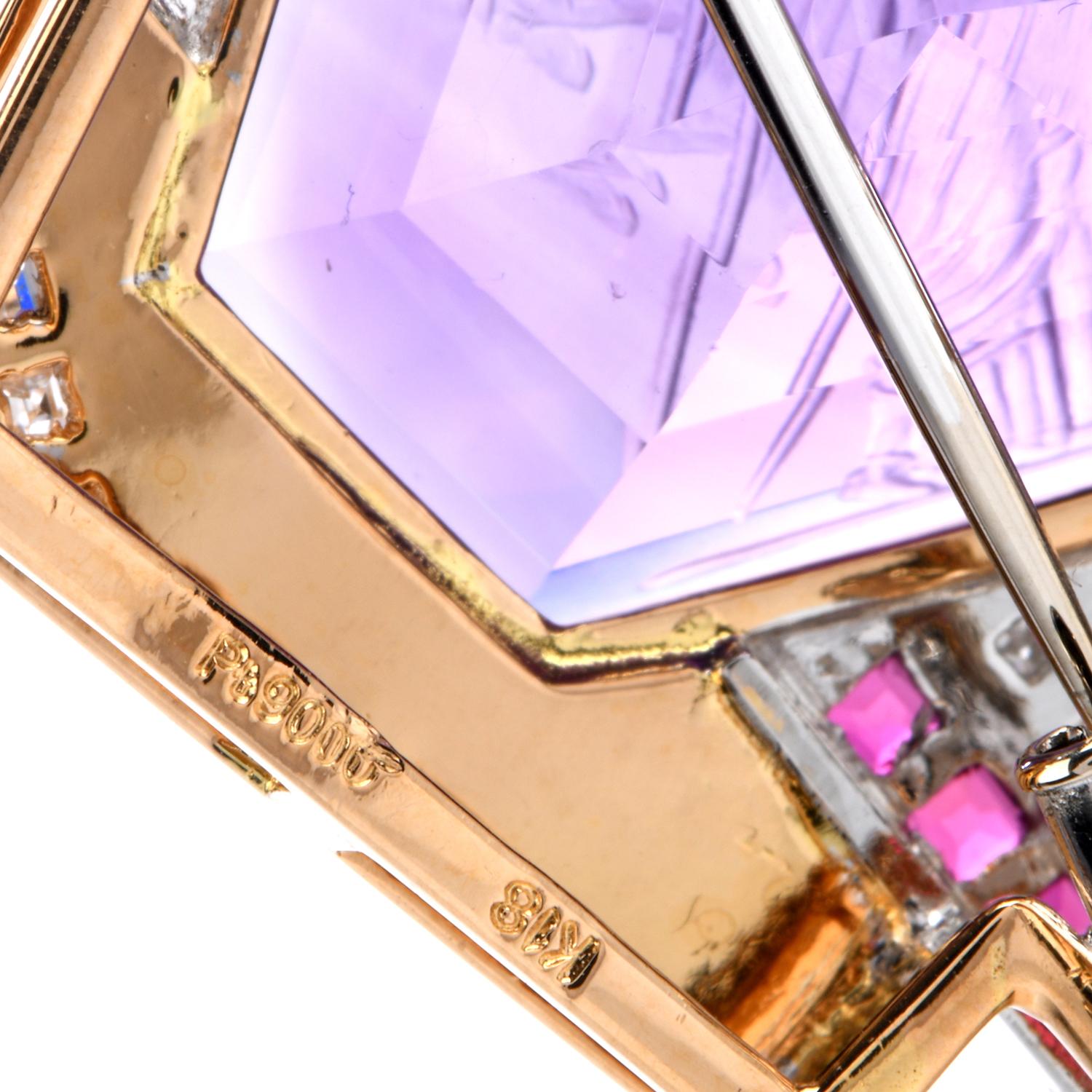 1980s Intaglio Amethyst Diamond Emerald Ruby Gold Platinum Brooch Pendant In Excellent Condition In Miami, FL