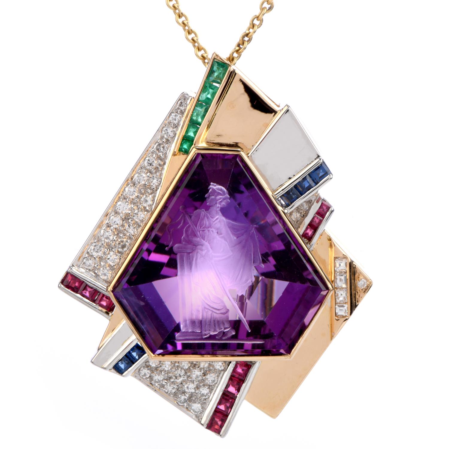 Women's or Men's 1980s Intaglio Amethyst Diamond Emerald Ruby Gold Platinum Brooch Pendant